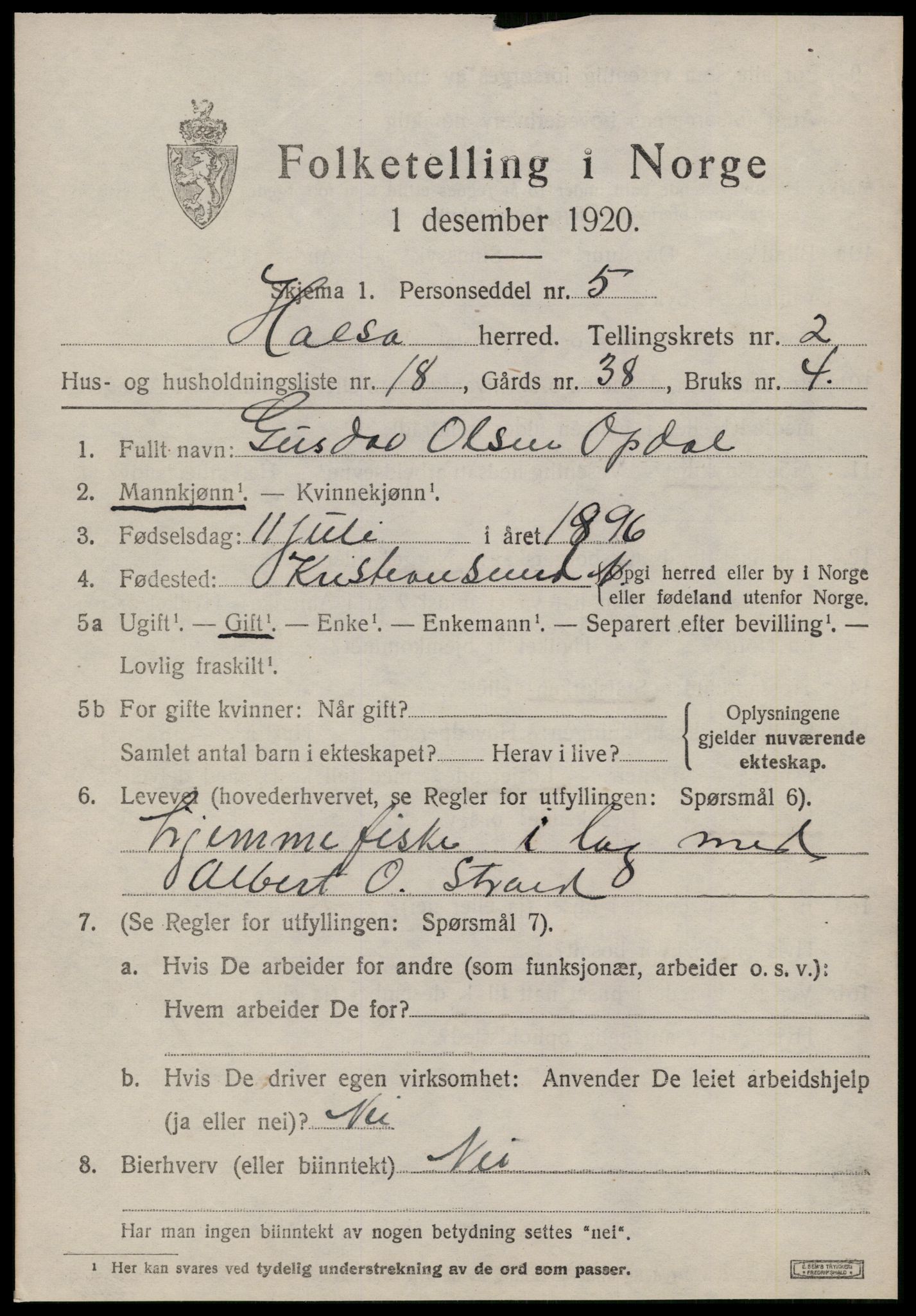 SAT, 1920 census for Halsa, 1920, p. 1098