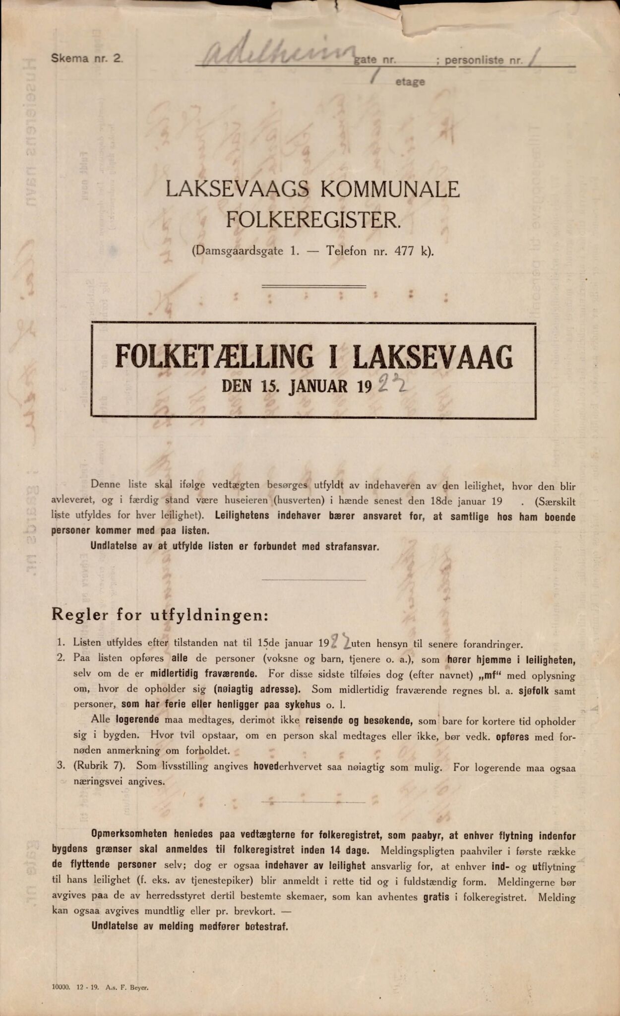 Laksevåg kommune. Folkeregisteret, BBA/A-1586/E/Ea/L0005: Folketellingskjema 1922, 1922