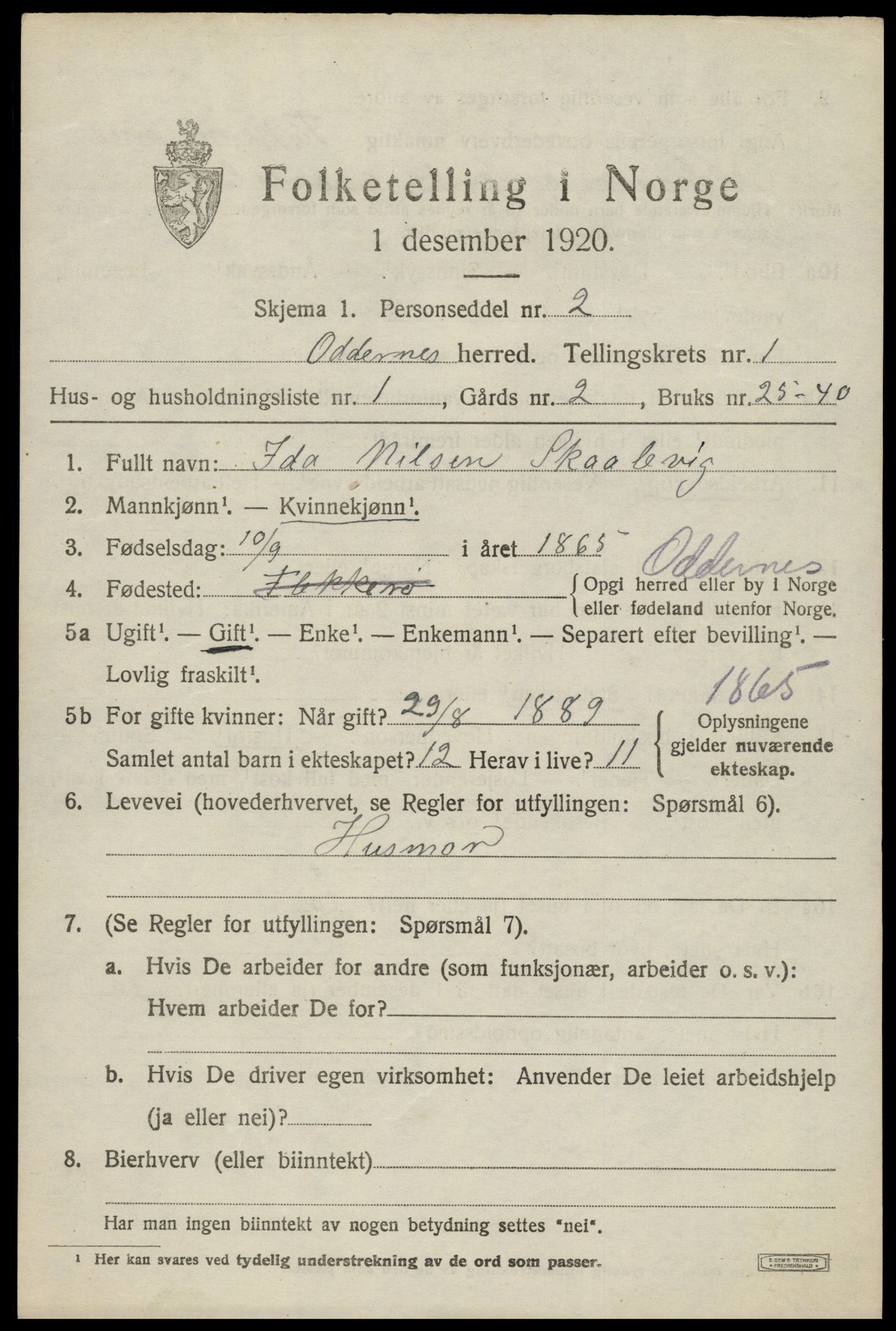 SAK, 1920 census for Oddernes, 1920, p. 1999