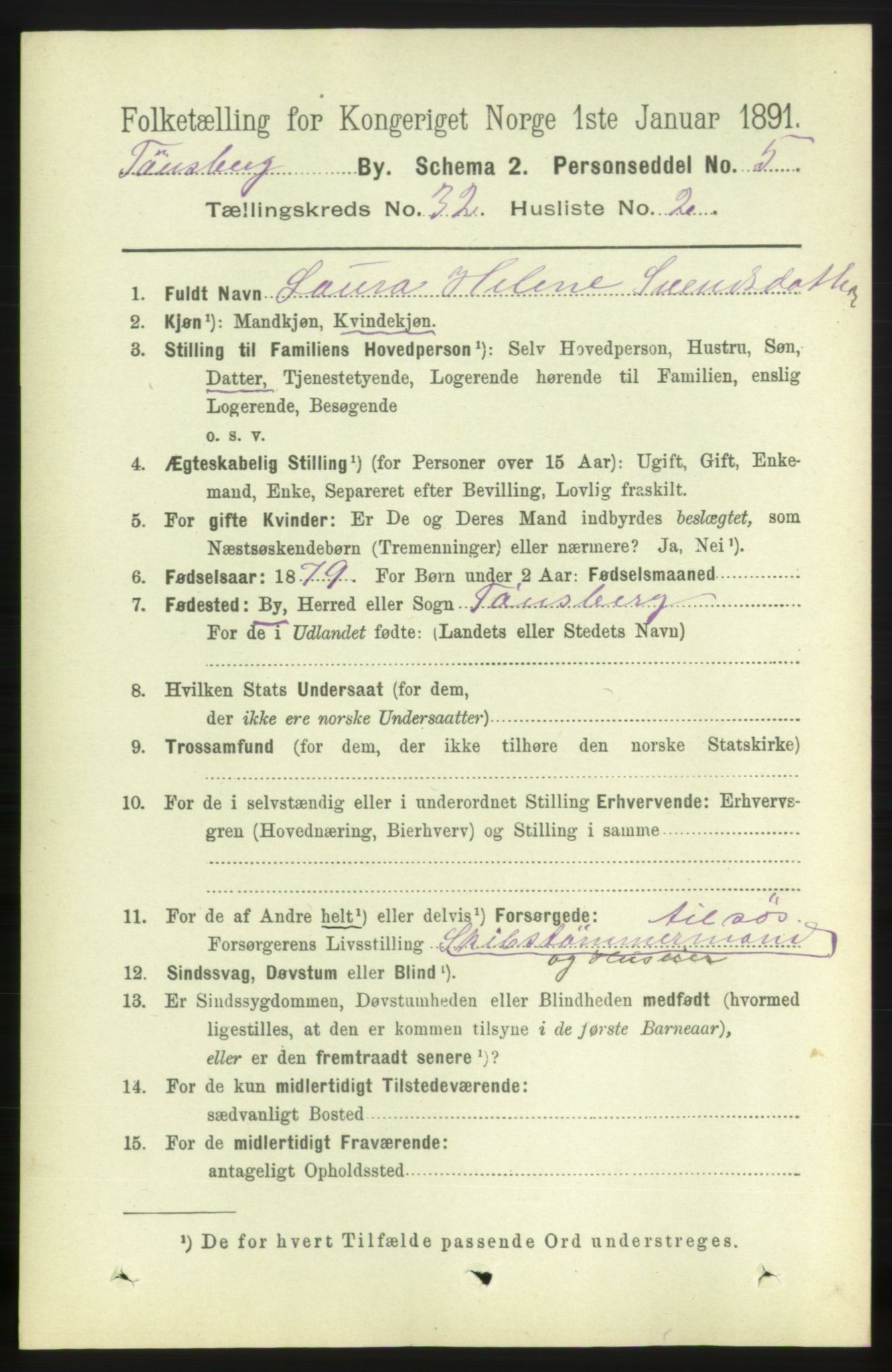 RA, 1891 census for 0705 Tønsberg, 1891, p. 7472