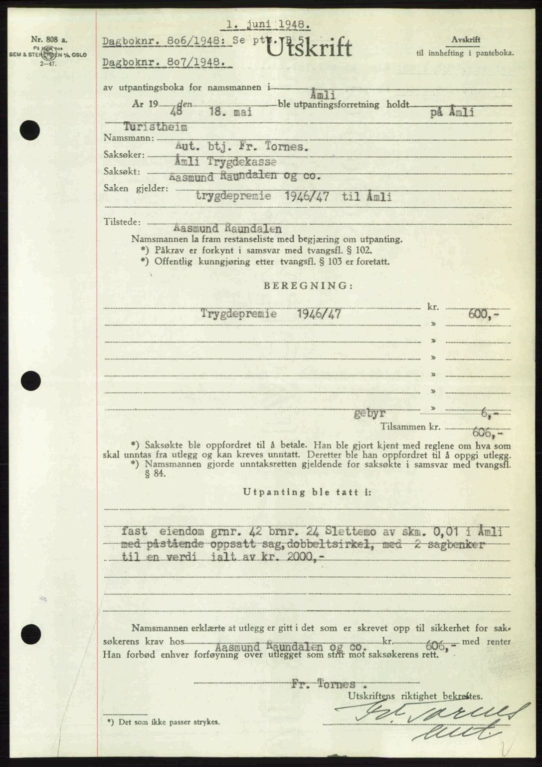 Nedenes sorenskriveri, AV/SAK-1221-0006/G/Gb/Gba/L0059: Mortgage book no. A11, 1948-1948, Diary no: : 806/1948