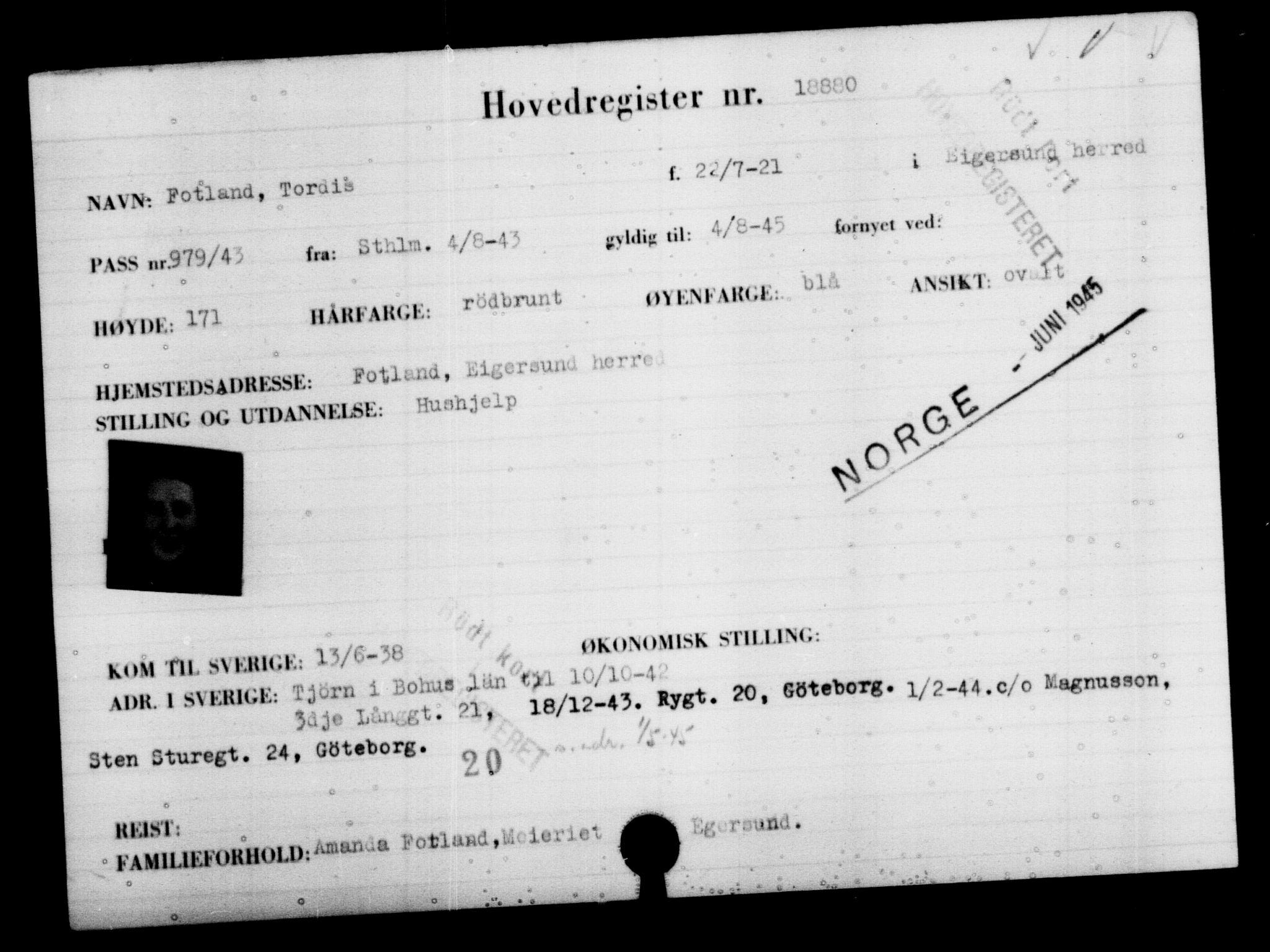 Utenriksstasjonene, Legasjonen i Stockholm, Flyktningkontoret, AV/RA-S-6753/V/Va/L0009: Kjesäterkartoteket, flyktninger med registreringsnr. 18502-22048, 1940-1945, p. 449