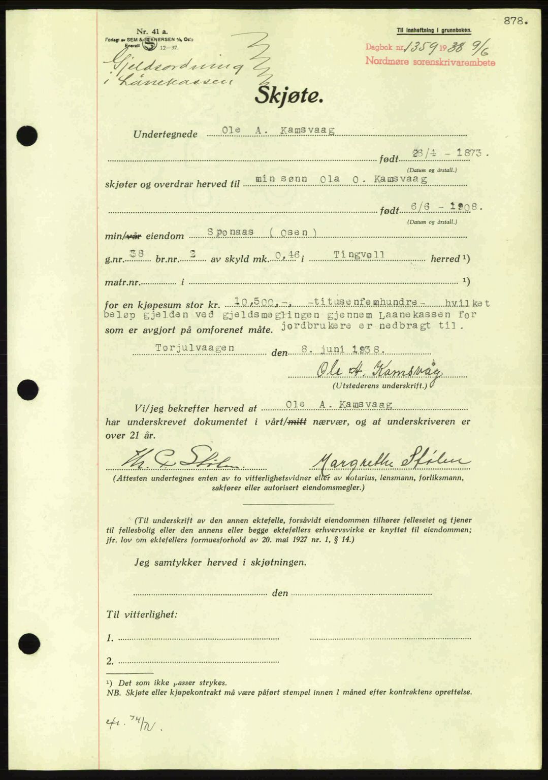 Nordmøre sorenskriveri, AV/SAT-A-4132/1/2/2Ca: Mortgage book no. A83, 1938-1938, Diary no: : 1359/1938