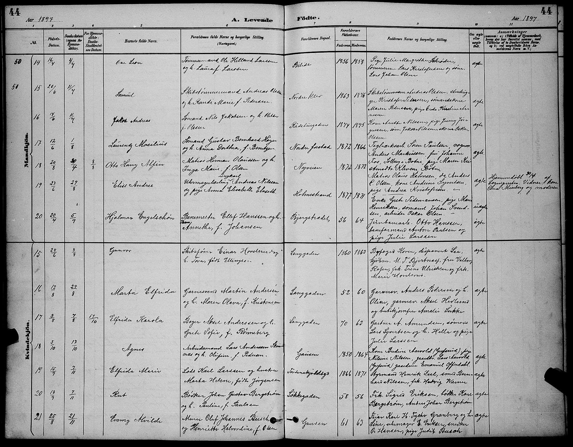 Holmestrand kirkebøker, AV/SAKO-A-346/G/Ga/L0005: Parish register (copy) no. 5, 1889-1901, p. 44