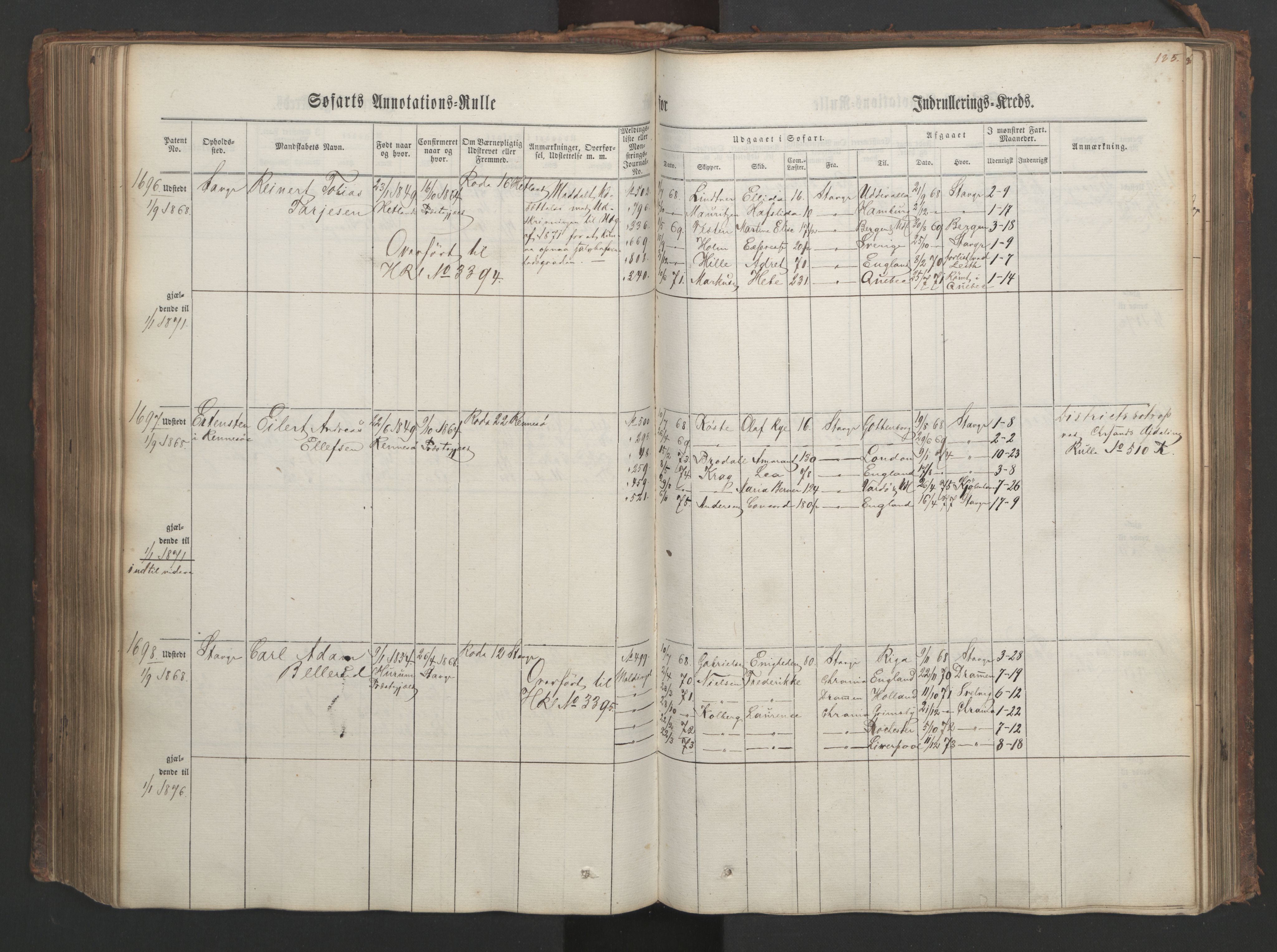 Stavanger sjømannskontor, AV/SAST-A-102006/F/Ff/L0003: Annotasjonsrulle, patentnr. 1144-1761, 1866, p. 222