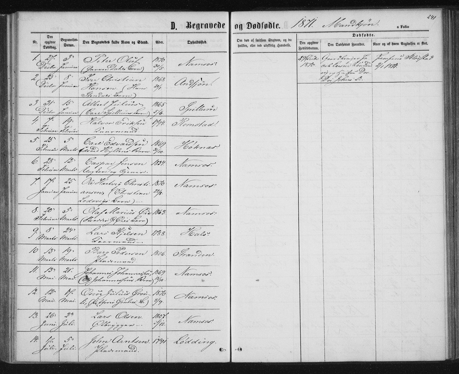 Ministerialprotokoller, klokkerbøker og fødselsregistre - Nord-Trøndelag, SAT/A-1458/768/L0570: Parish register (official) no. 768A05, 1865-1874, p. 241