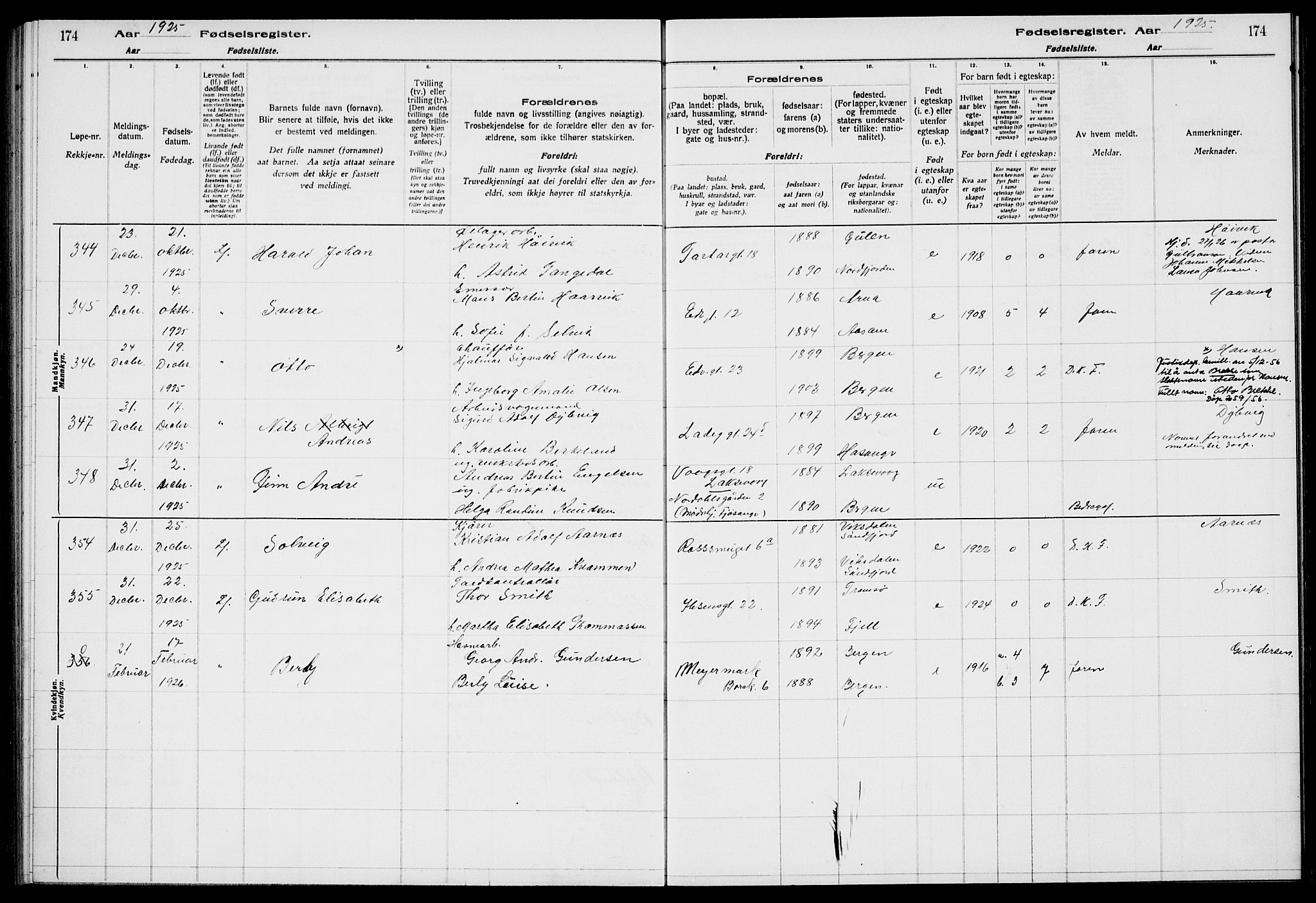 Sandviken Sokneprestembete, AV/SAB-A-77601/I/Ib/L00A3: Birth register no. A 3, 1923-1926, p. 174