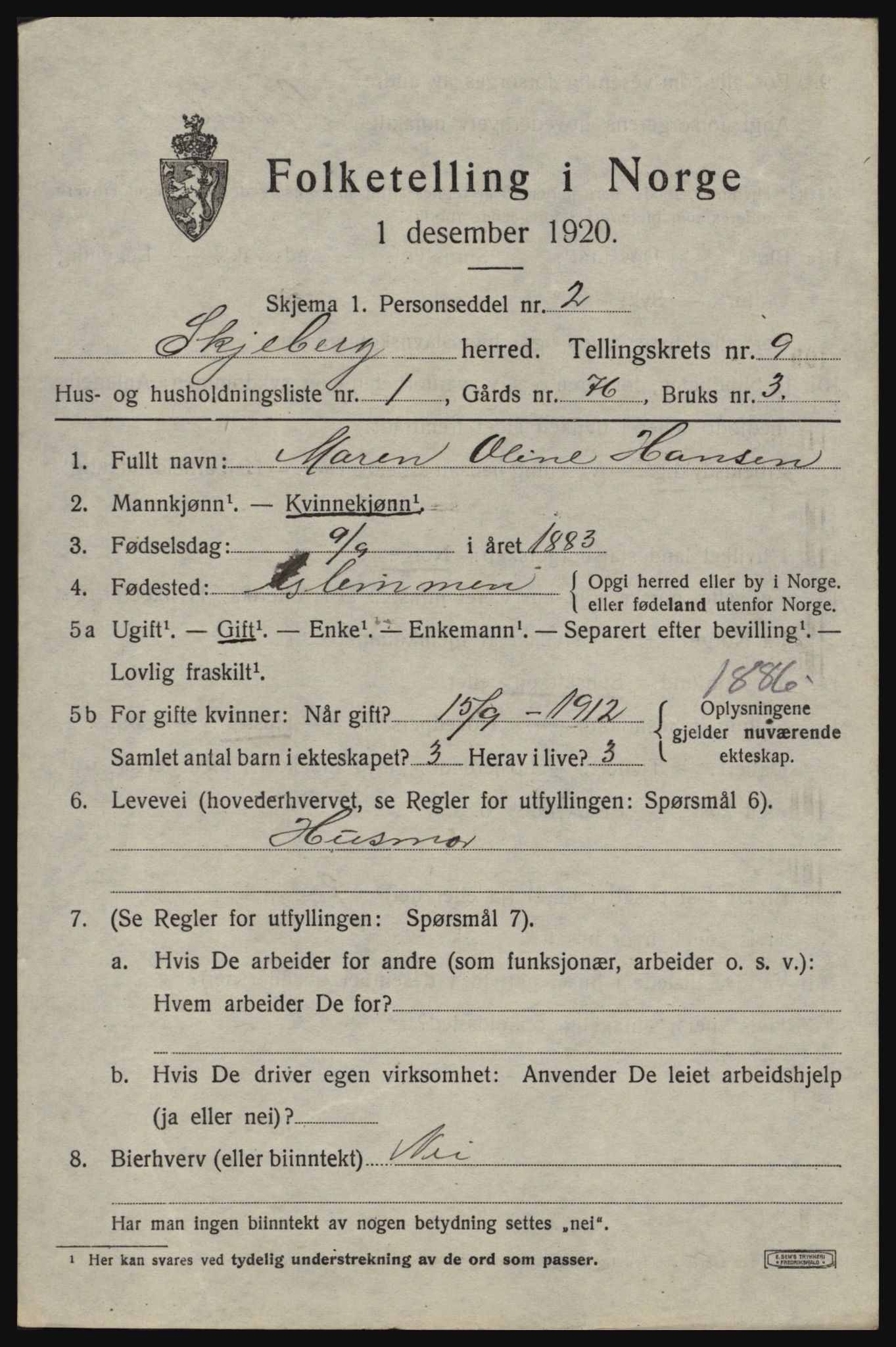 SAO, 1920 census for Skjeberg, 1920, p. 8867