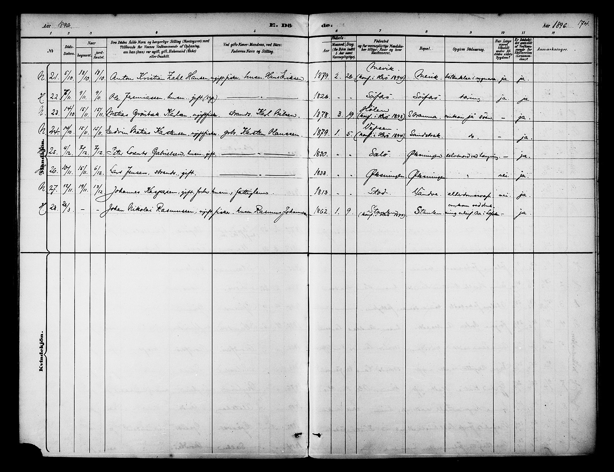 Ministerialprotokoller, klokkerbøker og fødselsregistre - Nordland, AV/SAT-A-1459/834/L0508: Parish register (official) no. 834A06, 1892-1901, p. 174