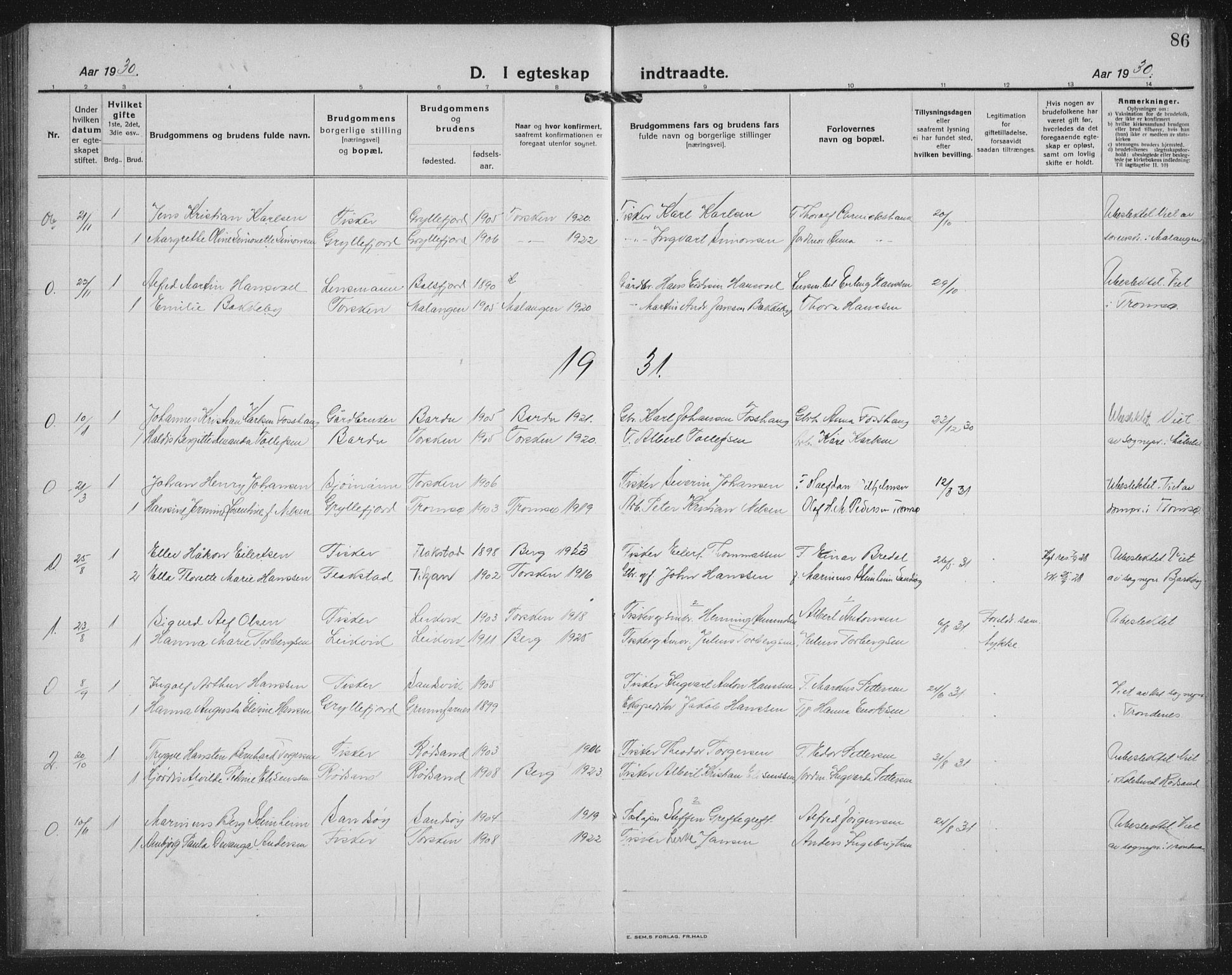 Berg sokneprestkontor, AV/SATØ-S-1318/G/Ga/Gab/L0014klokker: Parish register (copy) no. 14, 1922-1933, p. 86