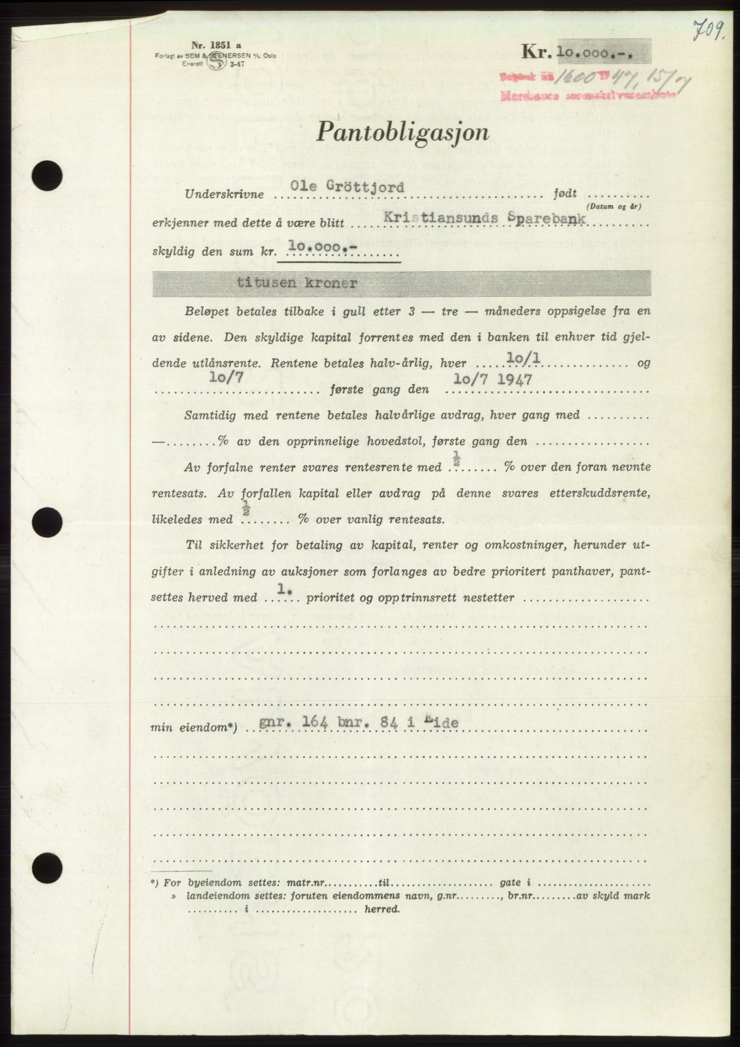 Nordmøre sorenskriveri, AV/SAT-A-4132/1/2/2Ca: Mortgage book no. B96, 1947-1947, Diary no: : 1600/1947