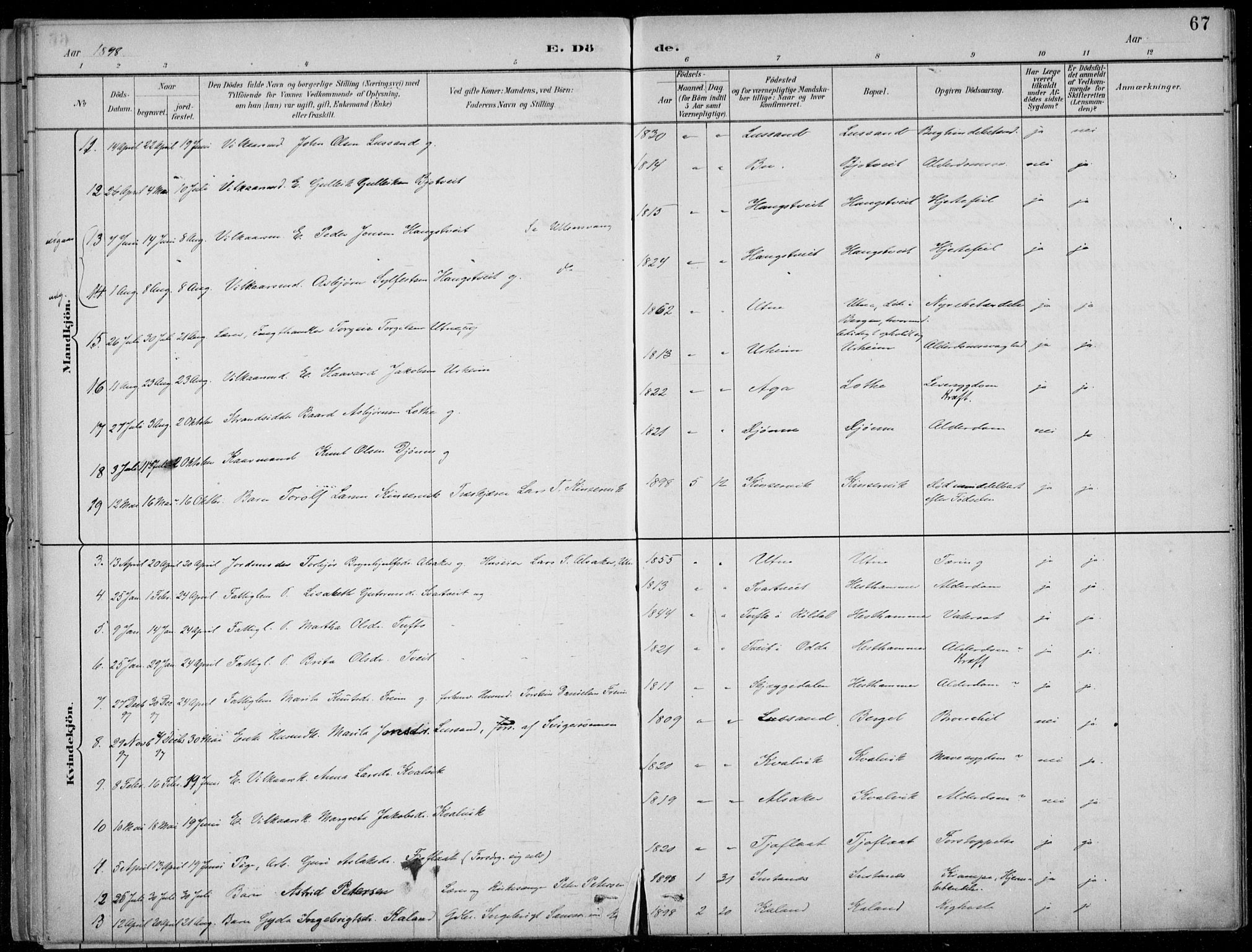 Ullensvang sokneprestembete, SAB/A-78701/H/Haa: Parish register (official) no. E  3, 1883-1916, p. 67