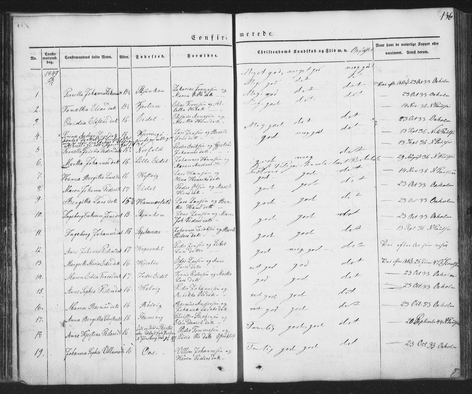 Ministerialprotokoller, klokkerbøker og fødselsregistre - Nordland, AV/SAT-A-1459/853/L0769: Parish register (official) no. 853A08, 1836-1856, p. 136