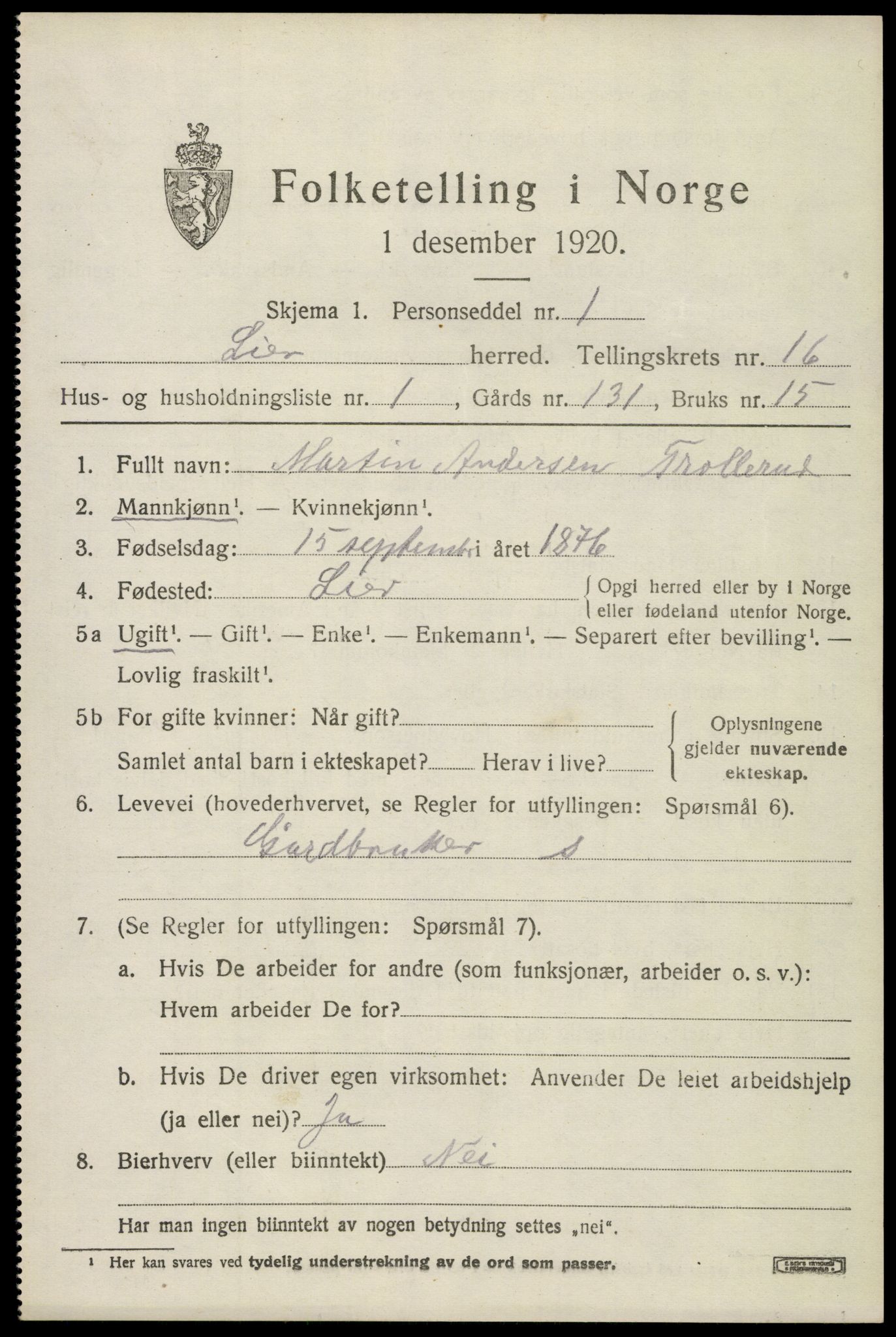 SAKO, 1920 census for Lier, 1920, p. 23282