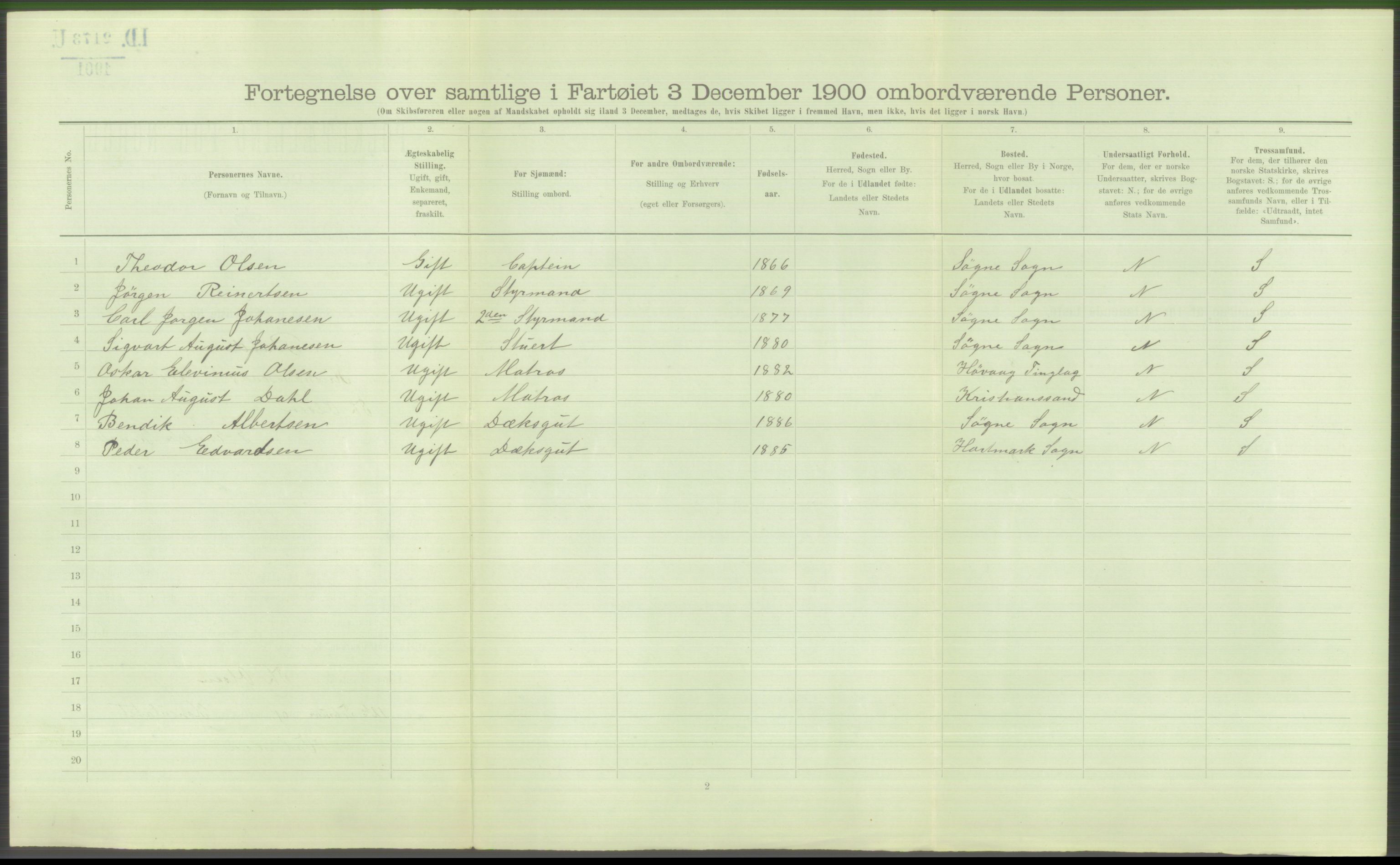 RA, 1900 Census - ship lists from ships in Norwegian harbours, harbours abroad and at sea, 1900, p. 5516