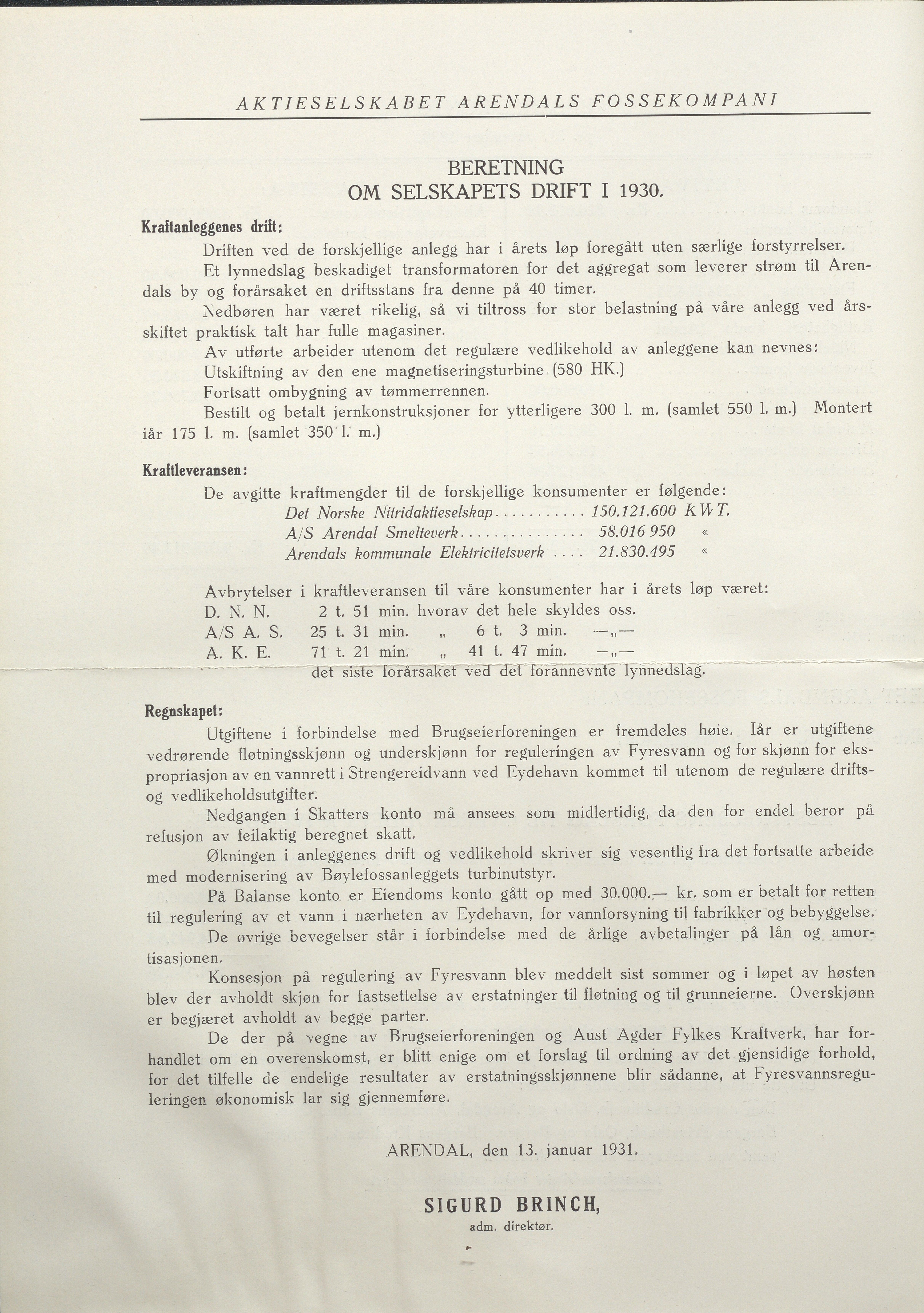 Arendals Fossekompani, AAKS/PA-2413/X/X01/L0001/0009: Beretninger, regnskap, balansekonto, gevinst- og tapskonto / Årsberetning og regnskap 1928 - 1935, 1928-1935, p. 9