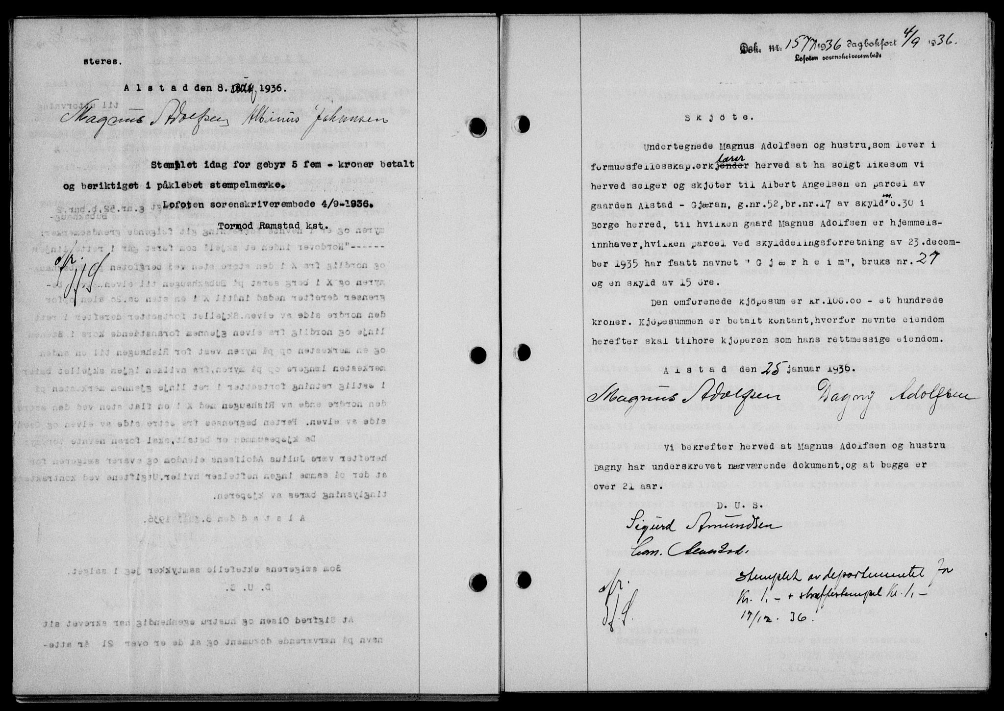 Lofoten sorenskriveri, SAT/A-0017/1/2/2C/L0001a: Mortgage book no. 1a, 1936-1937, Diary no: : 1577/1936