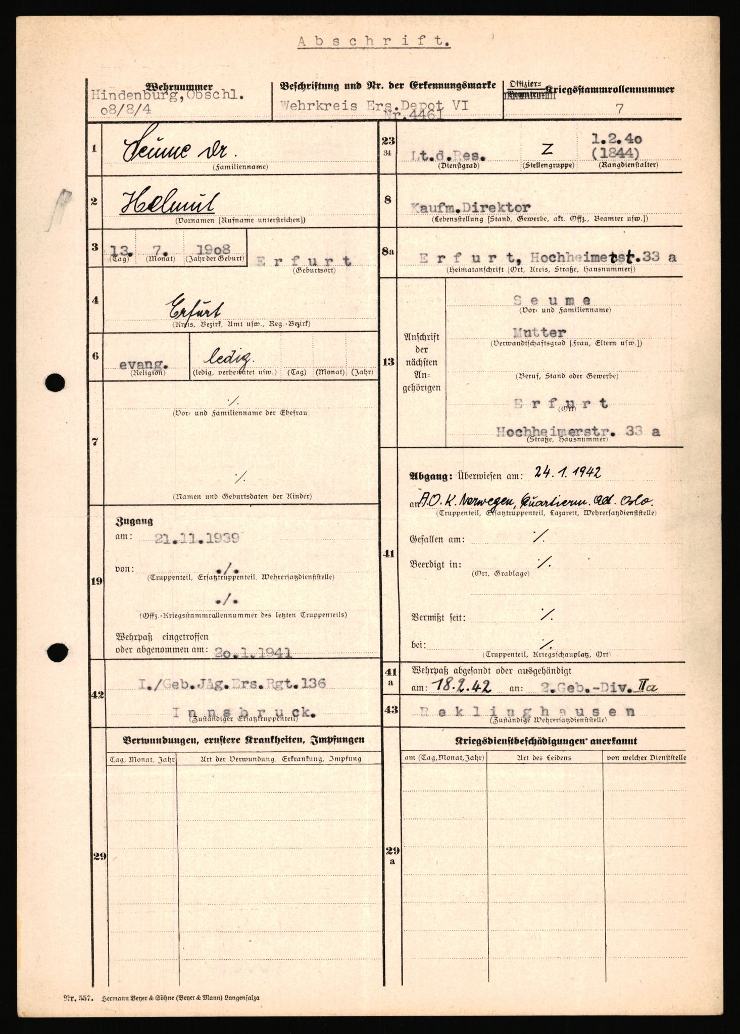 Forsvarets Overkommando. 2 kontor. Arkiv 11.4. Spredte tyske arkivsaker, AV/RA-RAFA-7031/D/Dar/Dara/L0019: Personalbøker og diverse, 1940-1945, p. 148