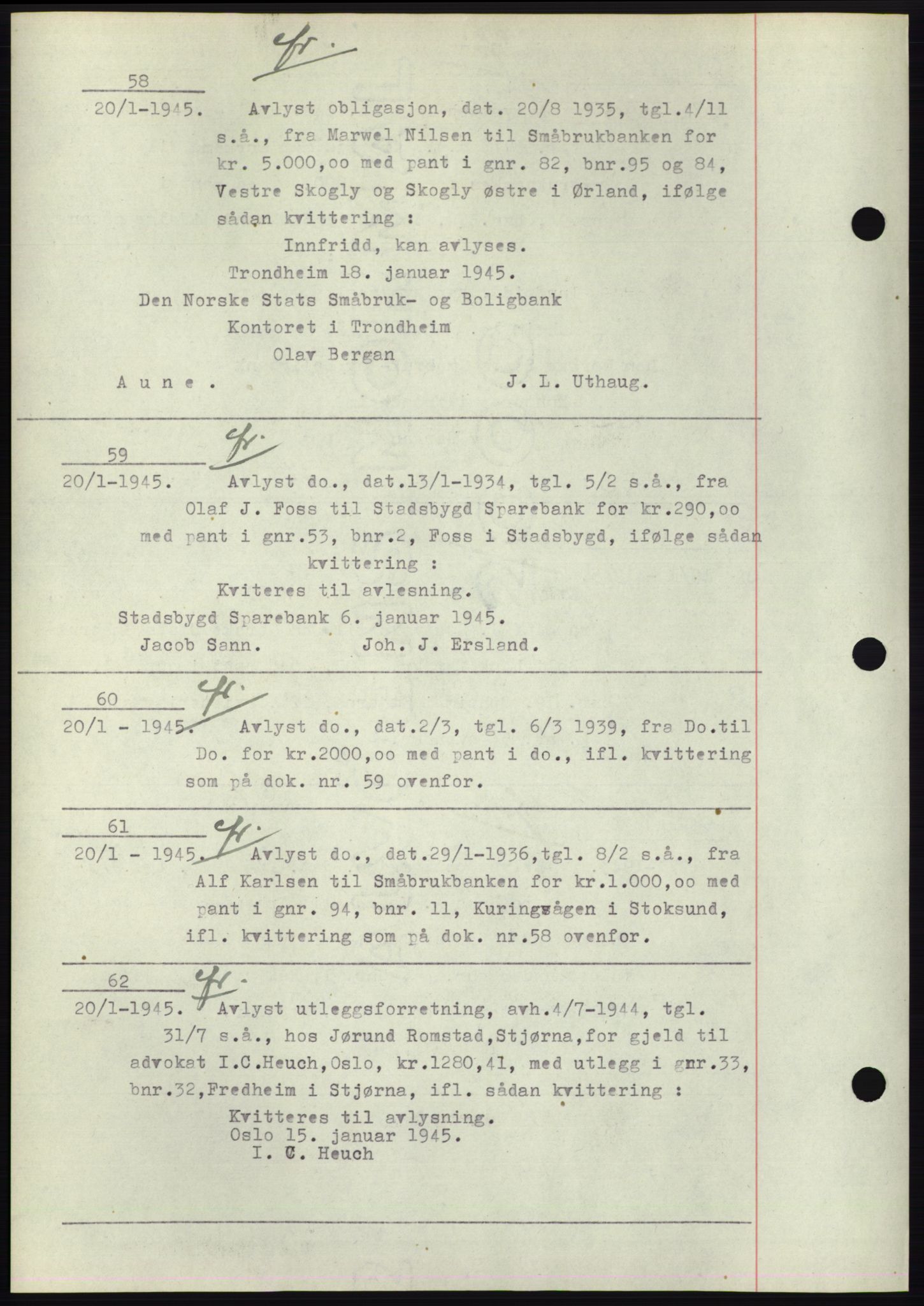 Fosen sorenskriveri, AV/SAT-A-1107/1/2/2C: Mortgage book no. B1, 1943-1946, Diary no: : 58/1945