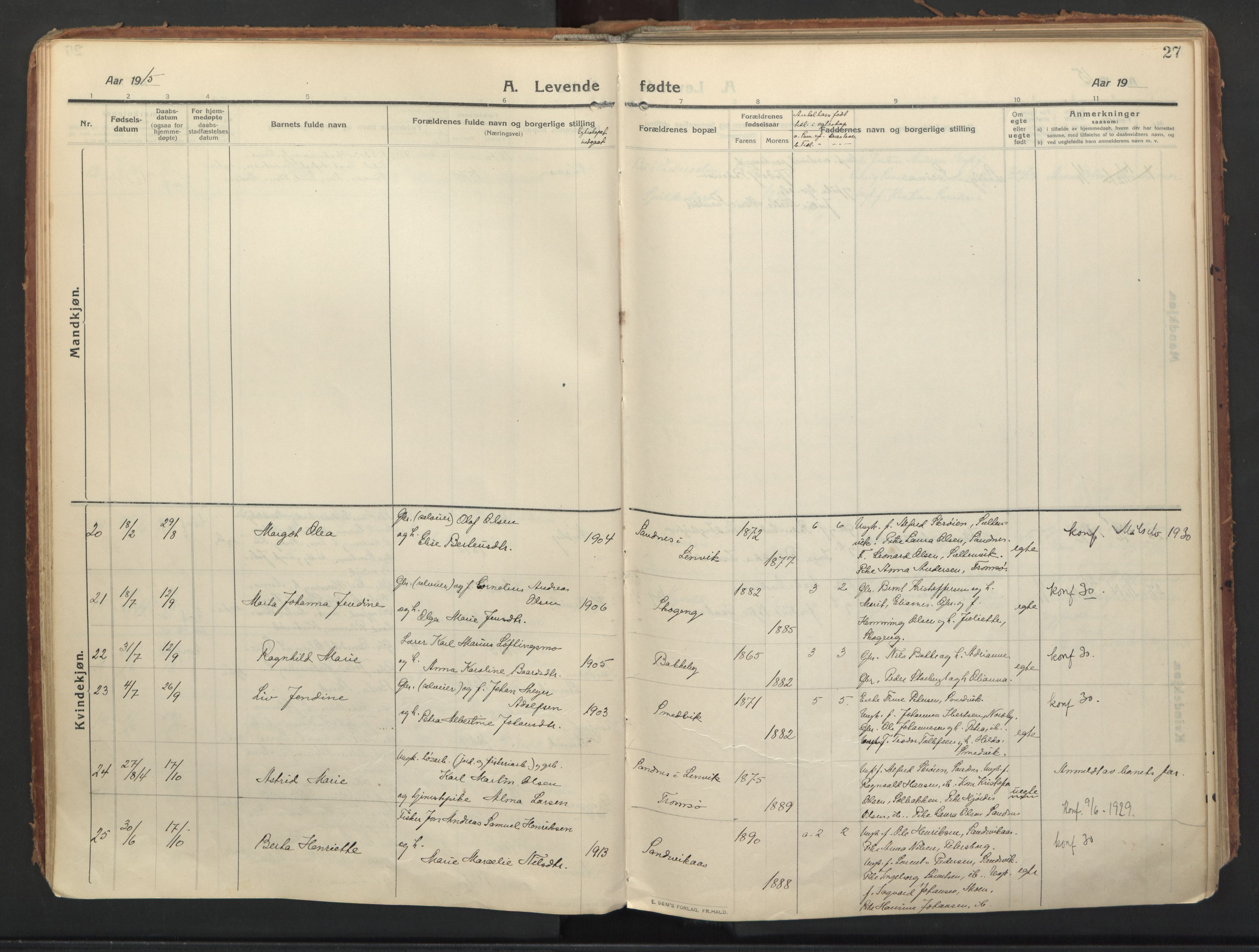 Balsfjord sokneprestembete, AV/SATØ-S-1303/G/Ga/L0008kirke: Parish register (official) no. 8, 1910-1927, p. 27