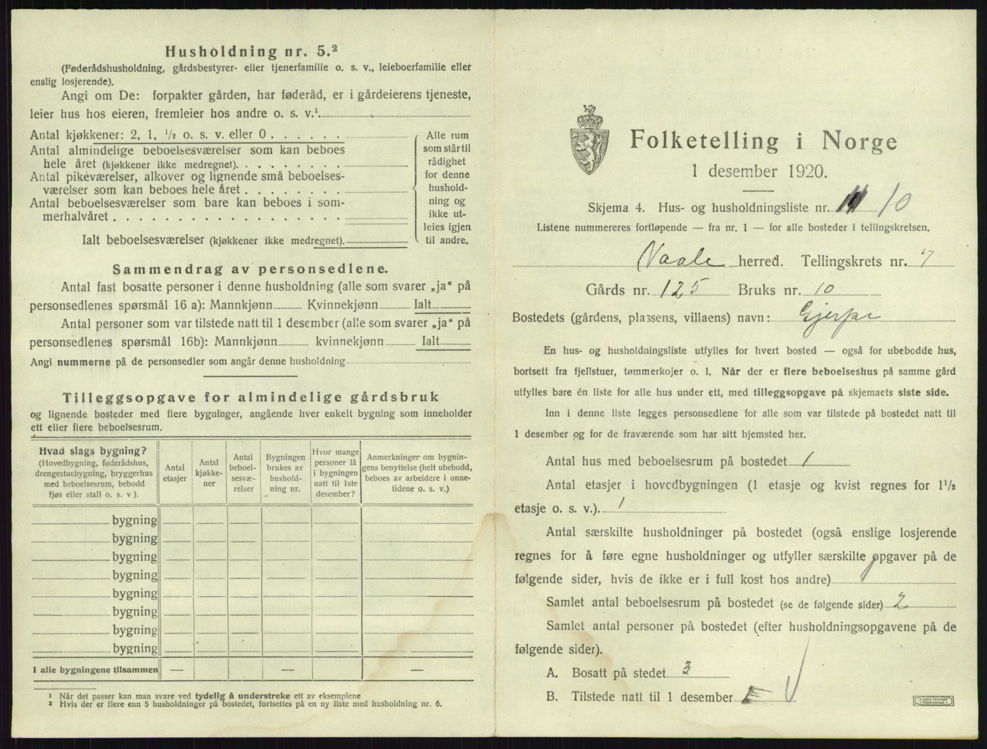SAKO, 1920 census for Våle, 1920, p. 875