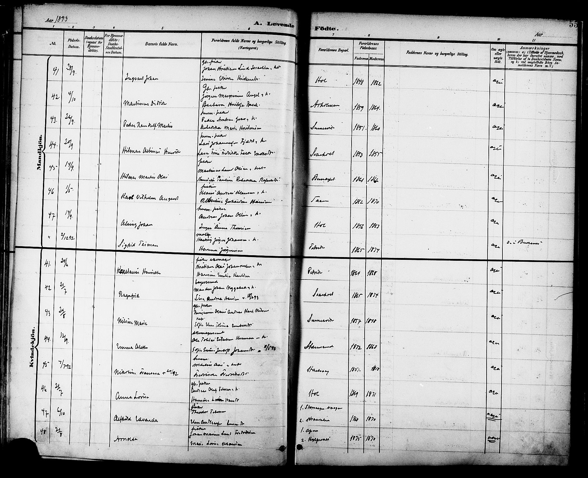 Ministerialprotokoller, klokkerbøker og fødselsregistre - Nordland, SAT/A-1459/882/L1179: Parish register (official) no. 882A01, 1886-1898, p. 55