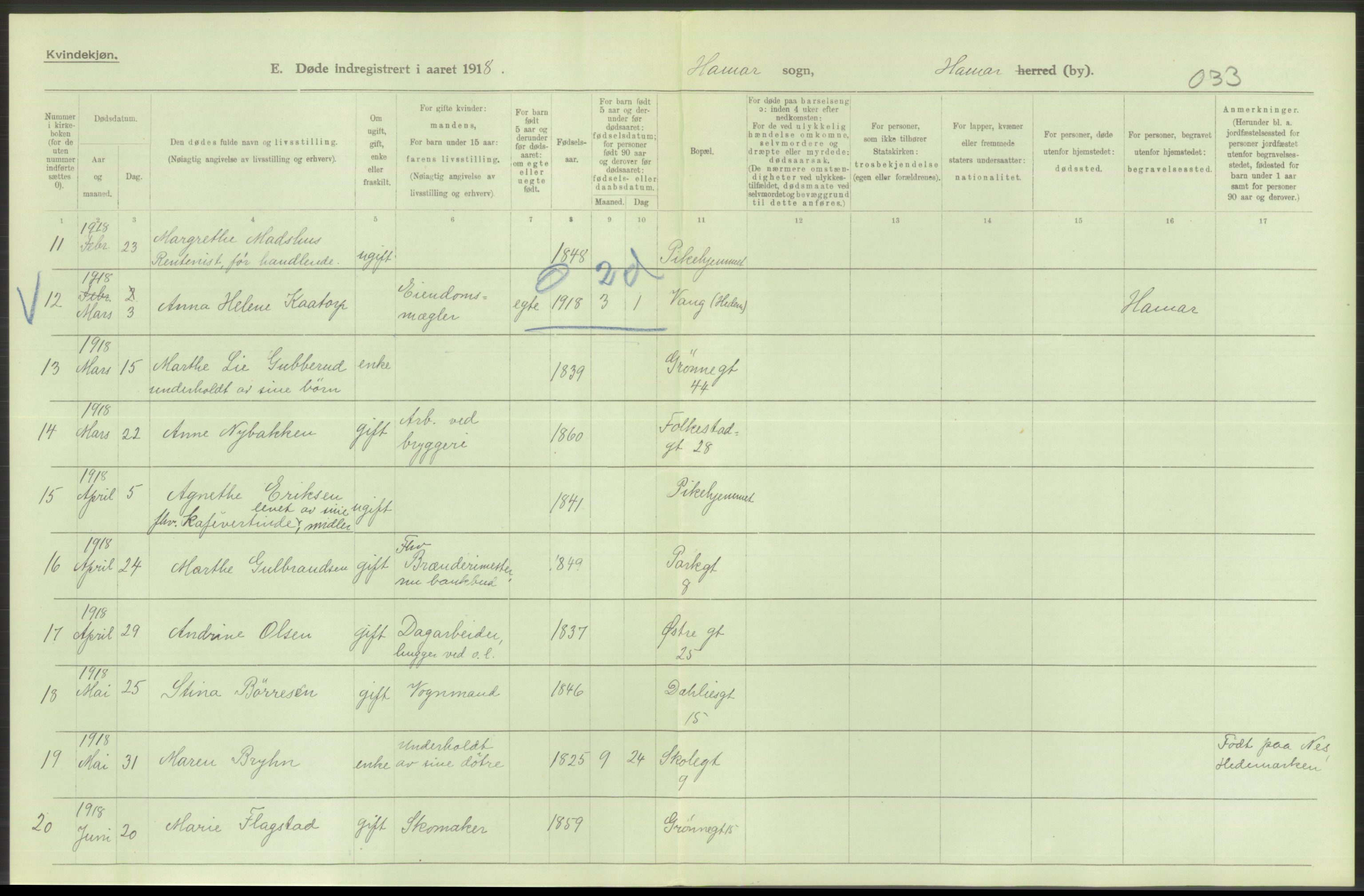 Statistisk sentralbyrå, Sosiodemografiske emner, Befolkning, AV/RA-S-2228/D/Df/Dfb/Dfbh/L0014: Hedemarkens fylke: Døde. Bygder og byer., 1918, p. 24