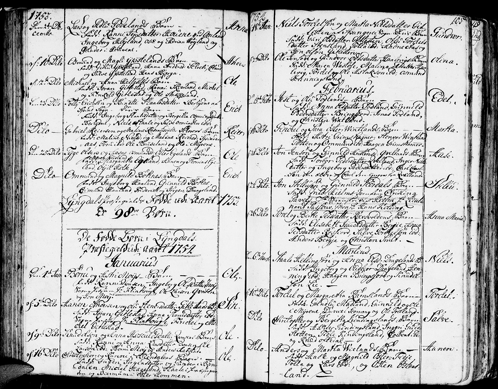 Lyngdal sokneprestkontor, SAK/1111-0029/F/Fa/Fac/L0001: Parish register (official) no. A 1, 1727-1779, p. 105