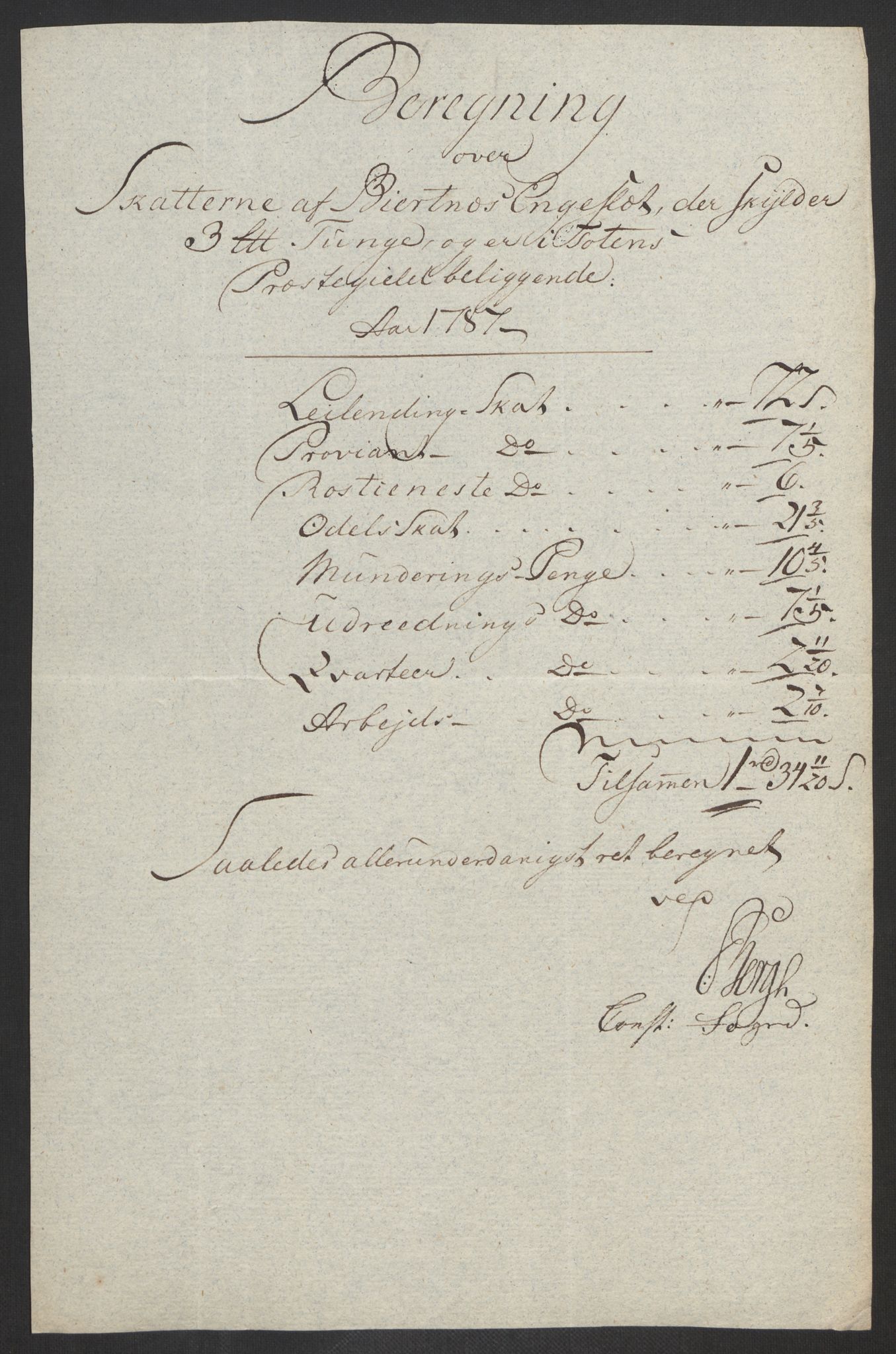 Rentekammeret inntil 1814, Reviderte regnskaper, Fogderegnskap, AV/RA-EA-4092/R19/L1374: Fogderegnskap Toten, Hadeland og Vardal, 1787, p. 274