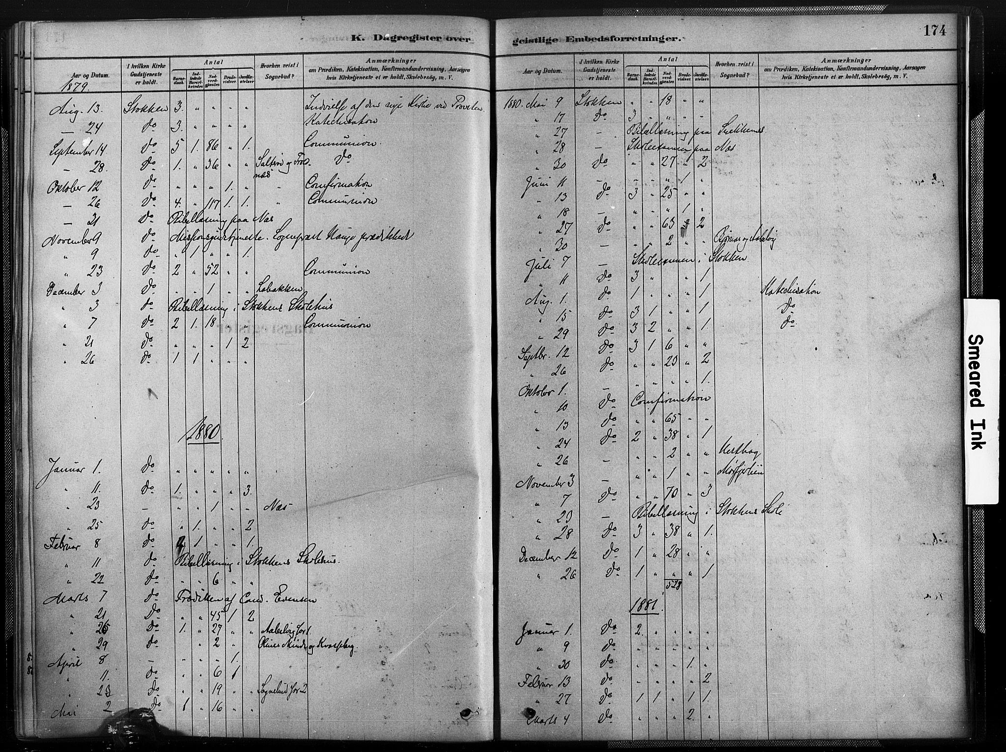 Austre Moland sokneprestkontor, SAK/1111-0001/F/Fa/Fab/L0001: Parish register (official) no. A 1, 1878-1898, p. 174
