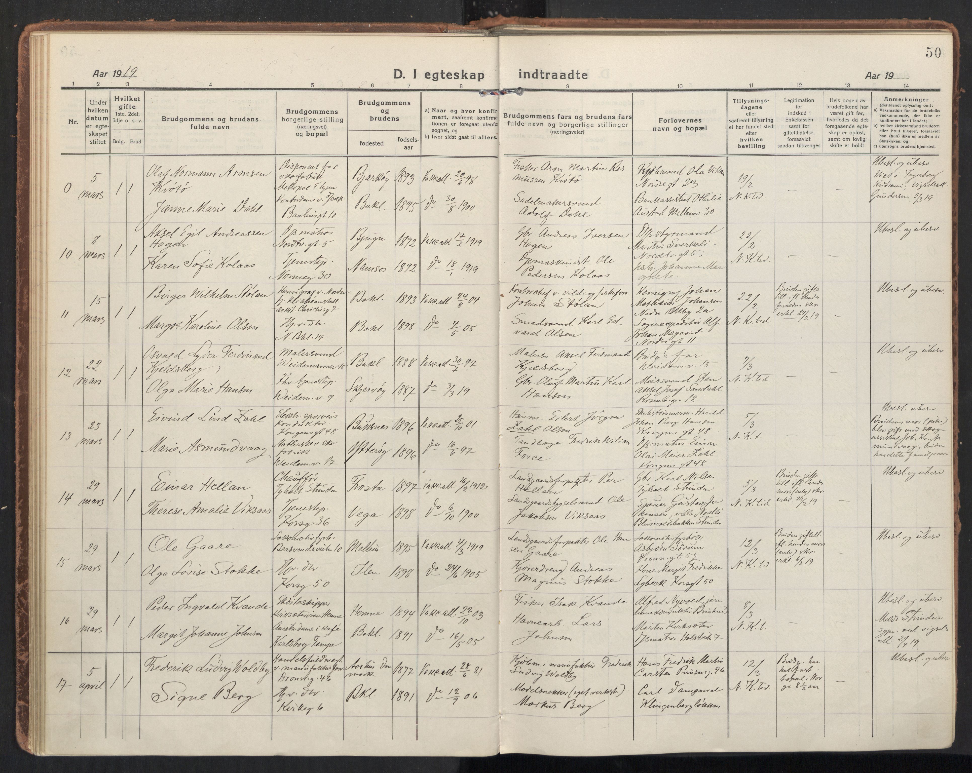 Ministerialprotokoller, klokkerbøker og fødselsregistre - Sør-Trøndelag, SAT/A-1456/604/L0206: Parish register (official) no. 604A26, 1917-1931, p. 50