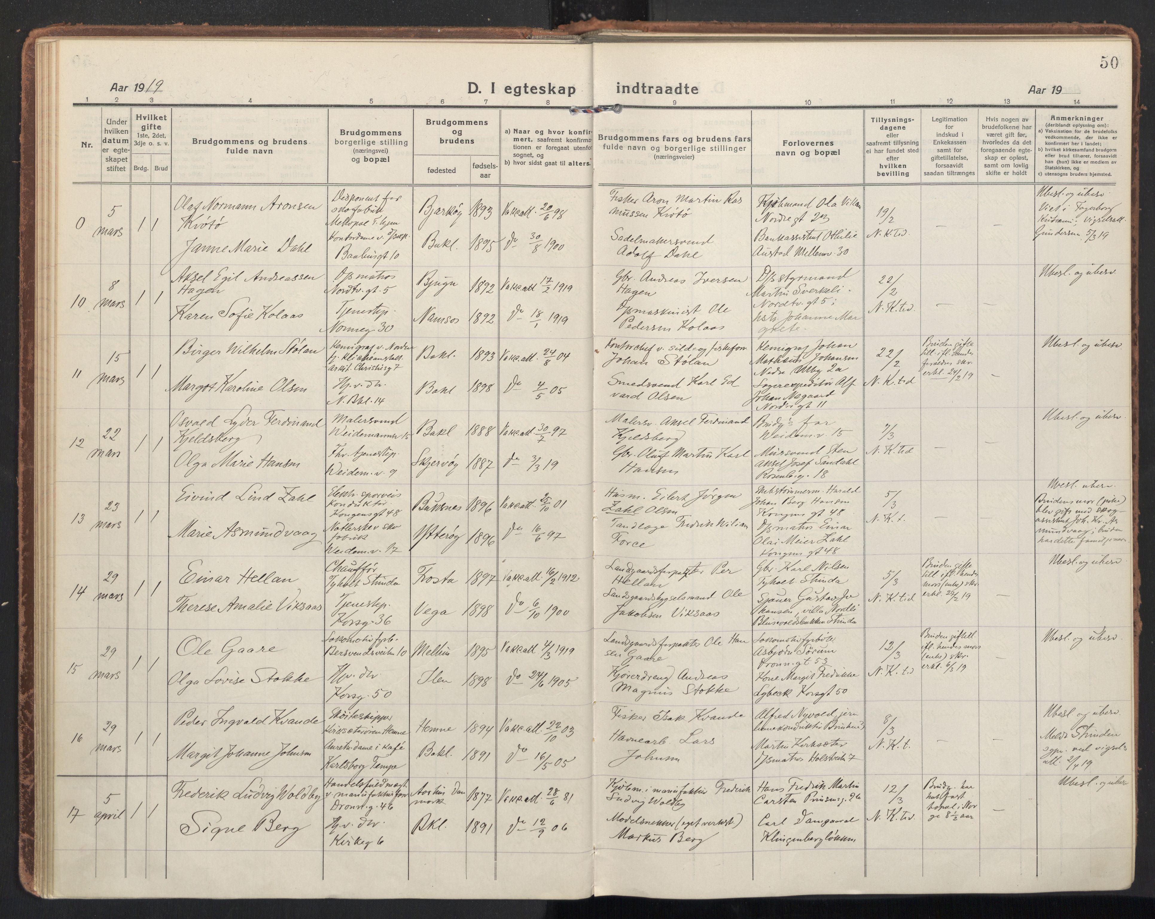 Ministerialprotokoller, klokkerbøker og fødselsregistre - Sør-Trøndelag, AV/SAT-A-1456/604/L0206: Parish register (official) no. 604A26, 1917-1931, p. 50