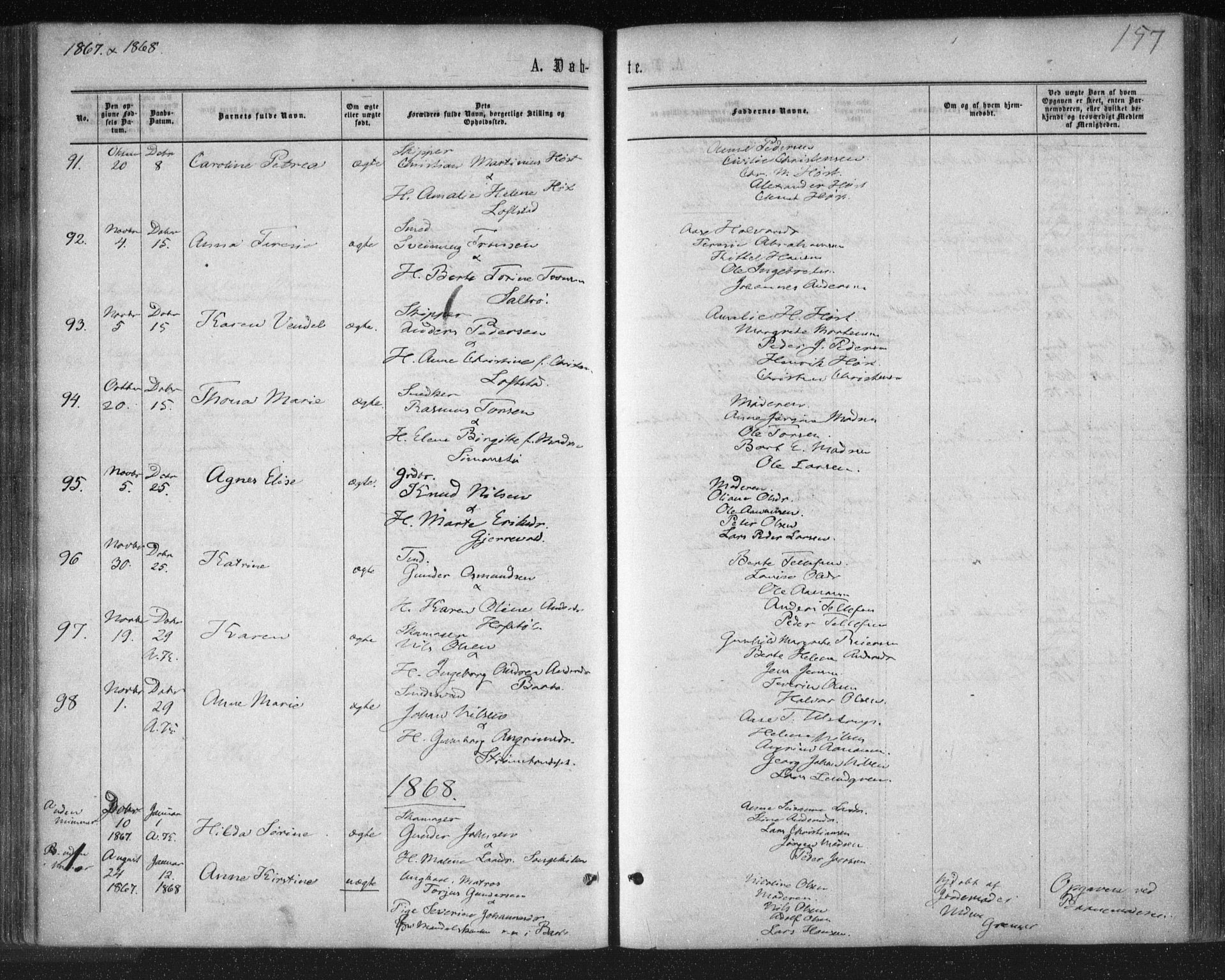 Tromøy sokneprestkontor, SAK/1111-0041/F/Fa/L0007: Parish register (official) no. A 7, 1864-1869, p. 157