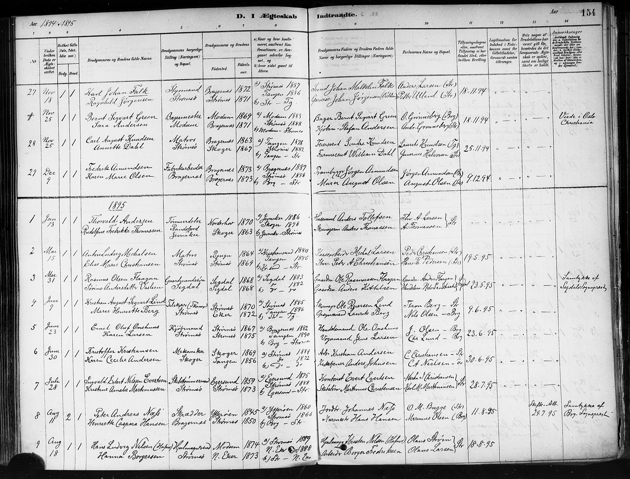 Strømsø kirkebøker, AV/SAKO-A-246/F/Fa/L0022: Parish register (official) no. I 22, 1879-1899, p. 154