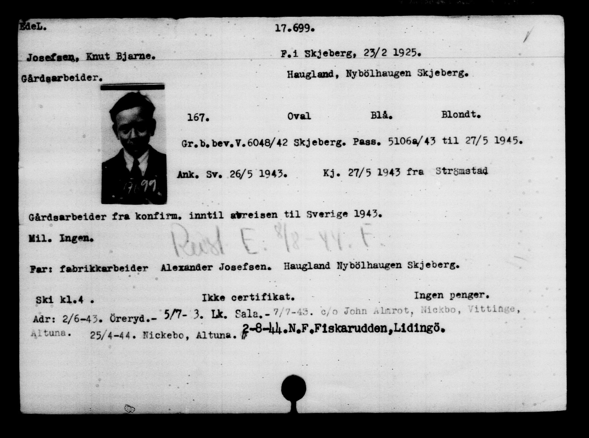 Utenriksstasjonene, Legasjonen i Stockholm, Flyktningkontoret, AV/RA-S-6753/V/Va/L0008: Kjesäterkartoteket, flyktninger med registreringsnr. 15700-18547, 1940-1945, p. 2214
