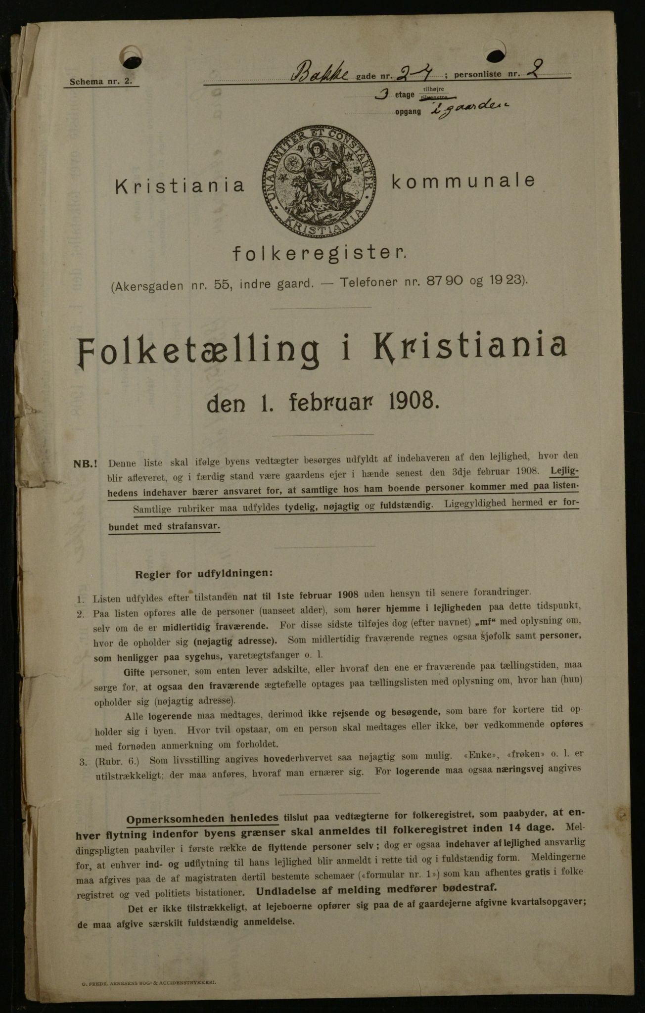 OBA, Municipal Census 1908 for Kristiania, 1908, p. 2733