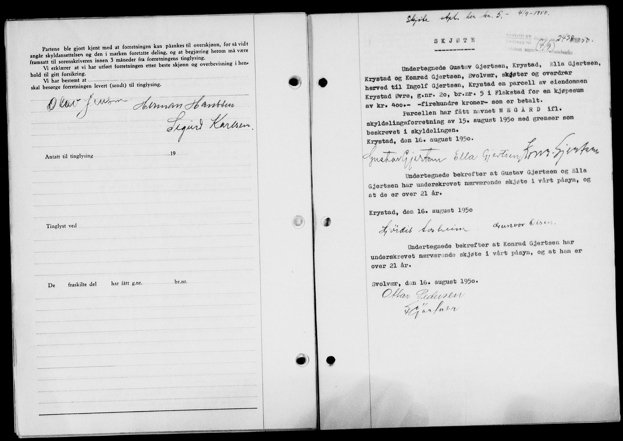 Lofoten sorenskriveri, SAT/A-0017/1/2/2C/L0024a: Mortgage book no. 24a, 1950-1950, Diary no: : 2438/1950