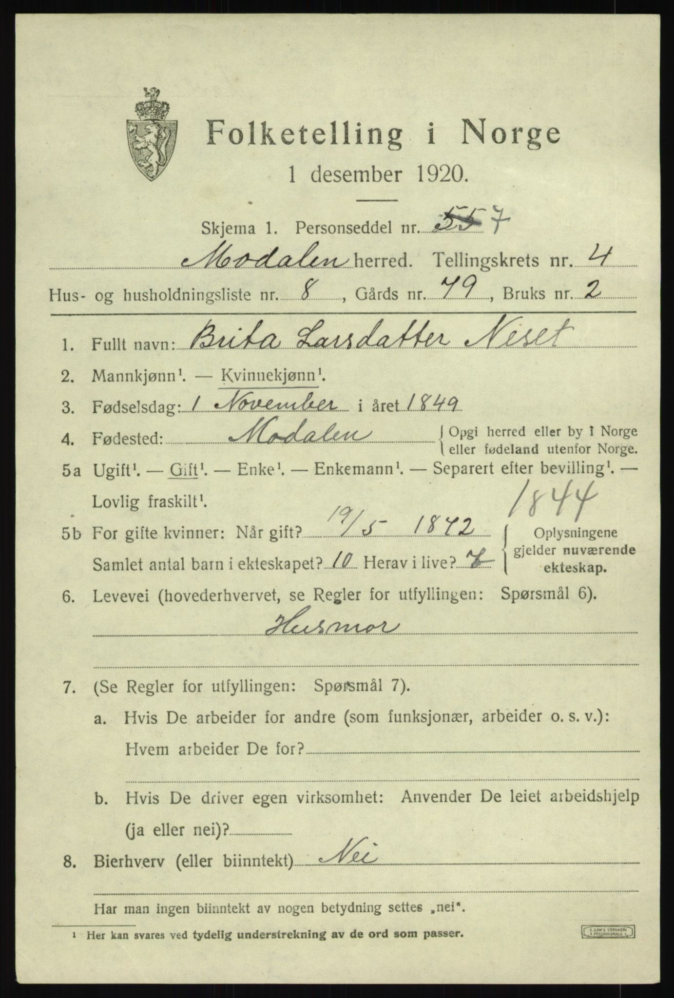 SAB, 1920 census for Modalen, 1920, p. 916