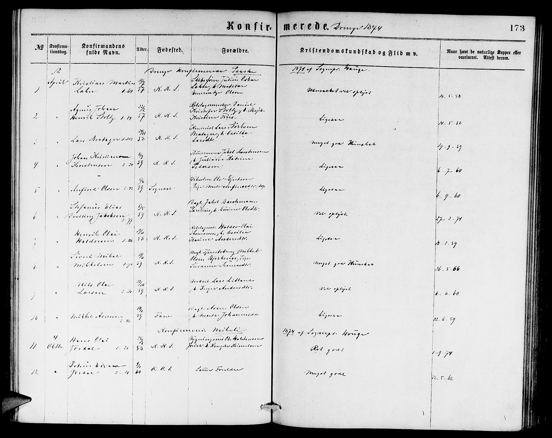 Sandviken Sokneprestembete, AV/SAB-A-77601/H/Hb: Parish register (copy) no. A 1, 1867-1879, p. 173