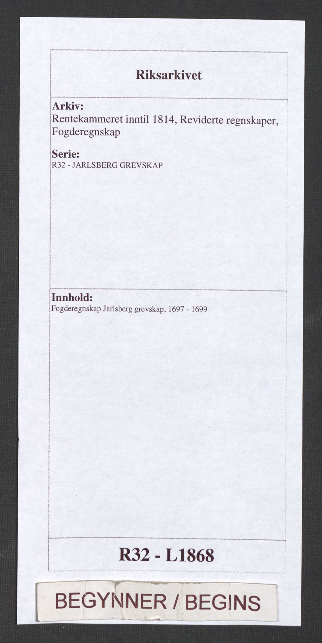 Rentekammeret inntil 1814, Reviderte regnskaper, Fogderegnskap, RA/EA-4092/R32/L1868: Fogderegnskap Jarlsberg grevskap, 1697-1699, p. 1