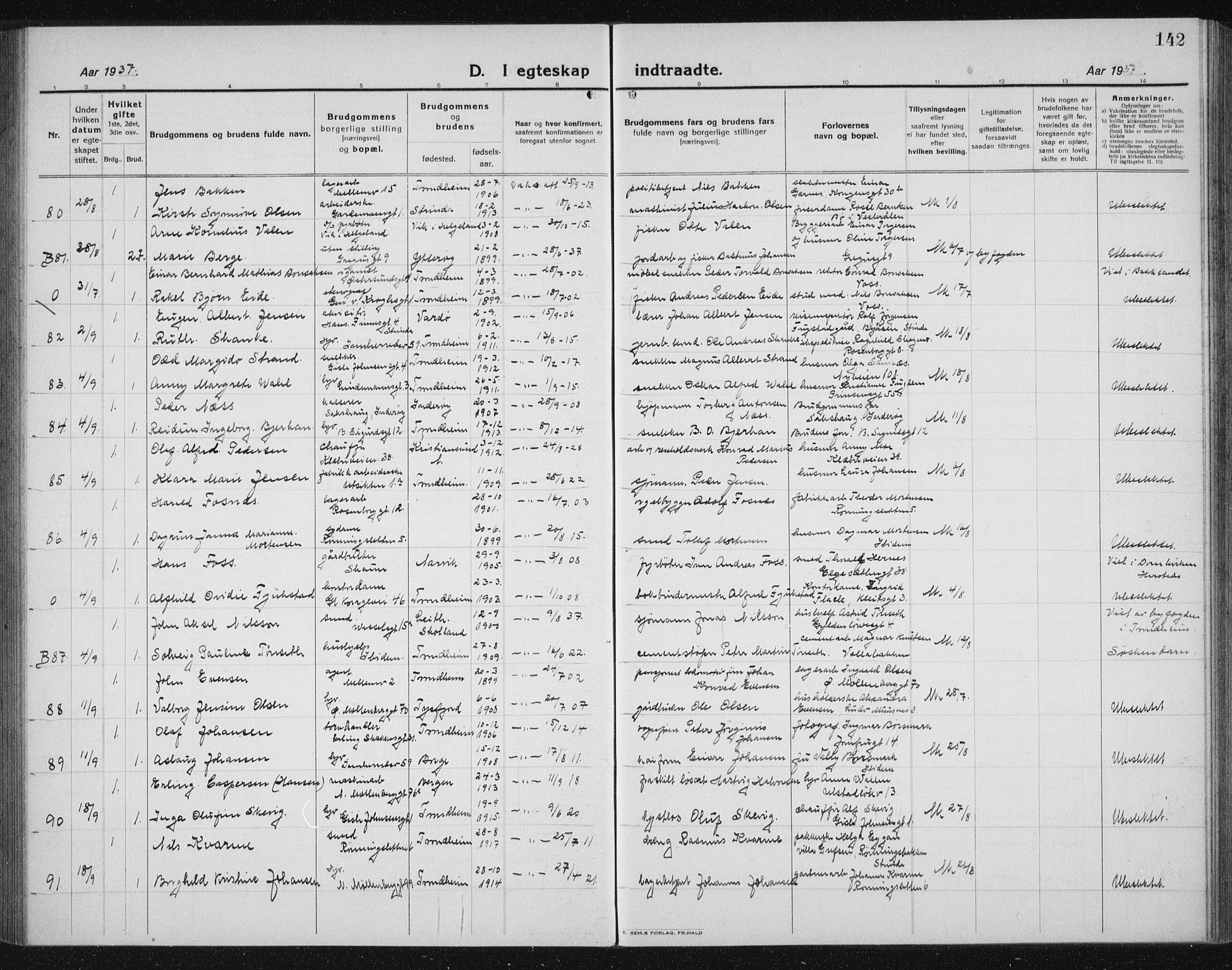 Ministerialprotokoller, klokkerbøker og fødselsregistre - Sør-Trøndelag, AV/SAT-A-1456/605/L0260: Parish register (copy) no. 605C07, 1922-1942, p. 142