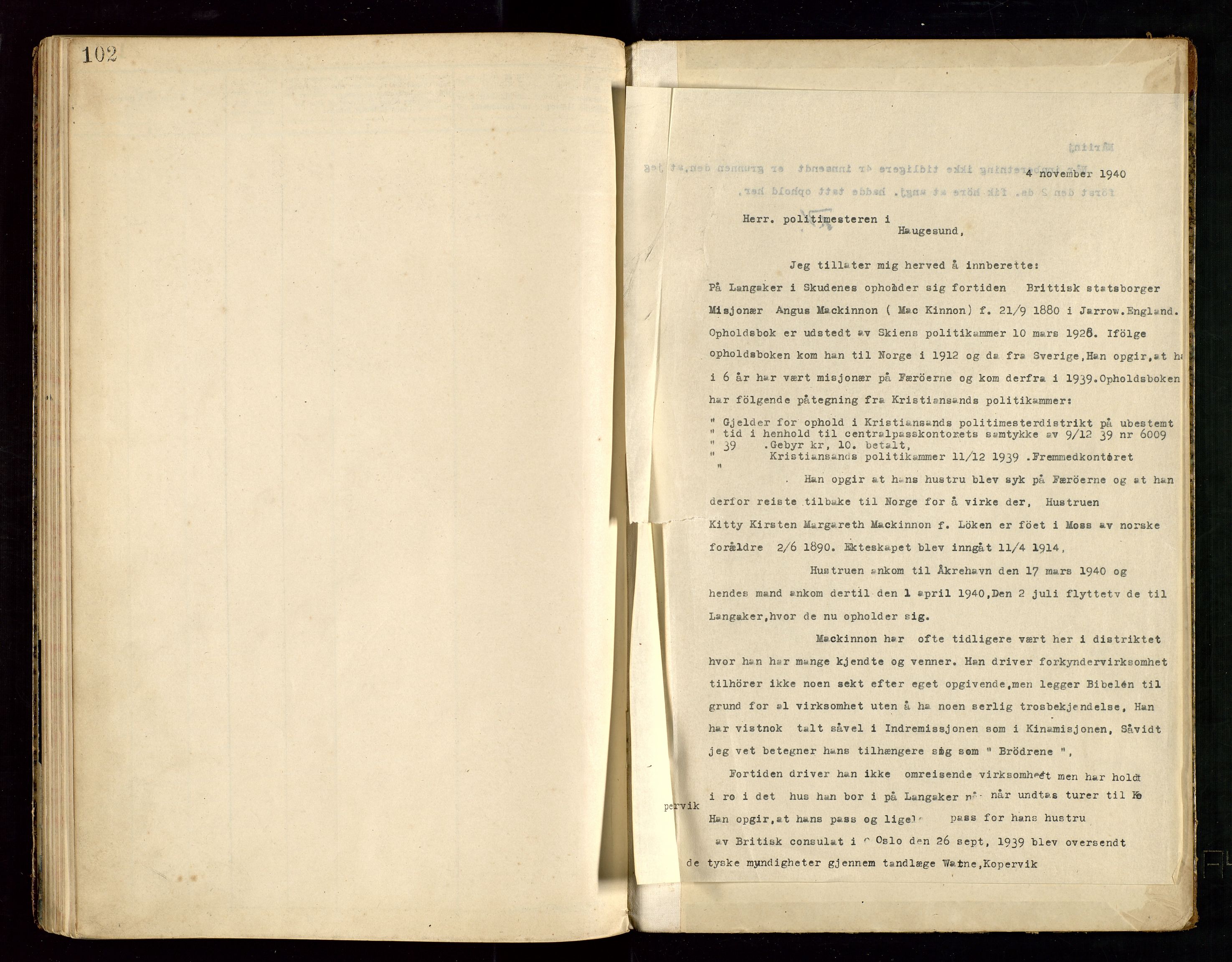 Skudenes lensmannskontor, SAST/A-100444/Fea/L0001: "Protokol over anmeldte fremmede Statsborgere", 1903-1945, p. 102