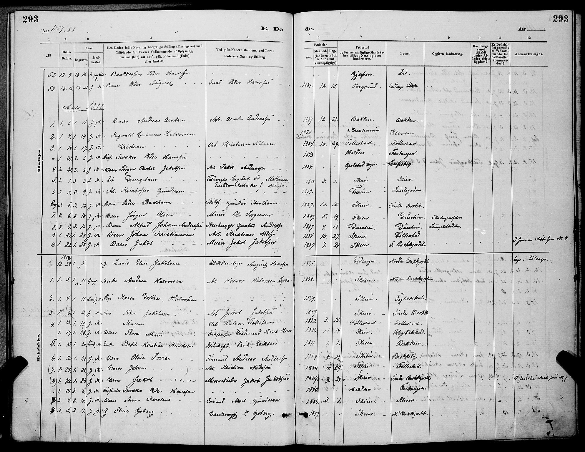 Skien kirkebøker, SAKO/A-302/G/Ga/L0006: Parish register (copy) no. 6, 1881-1890, p. 293