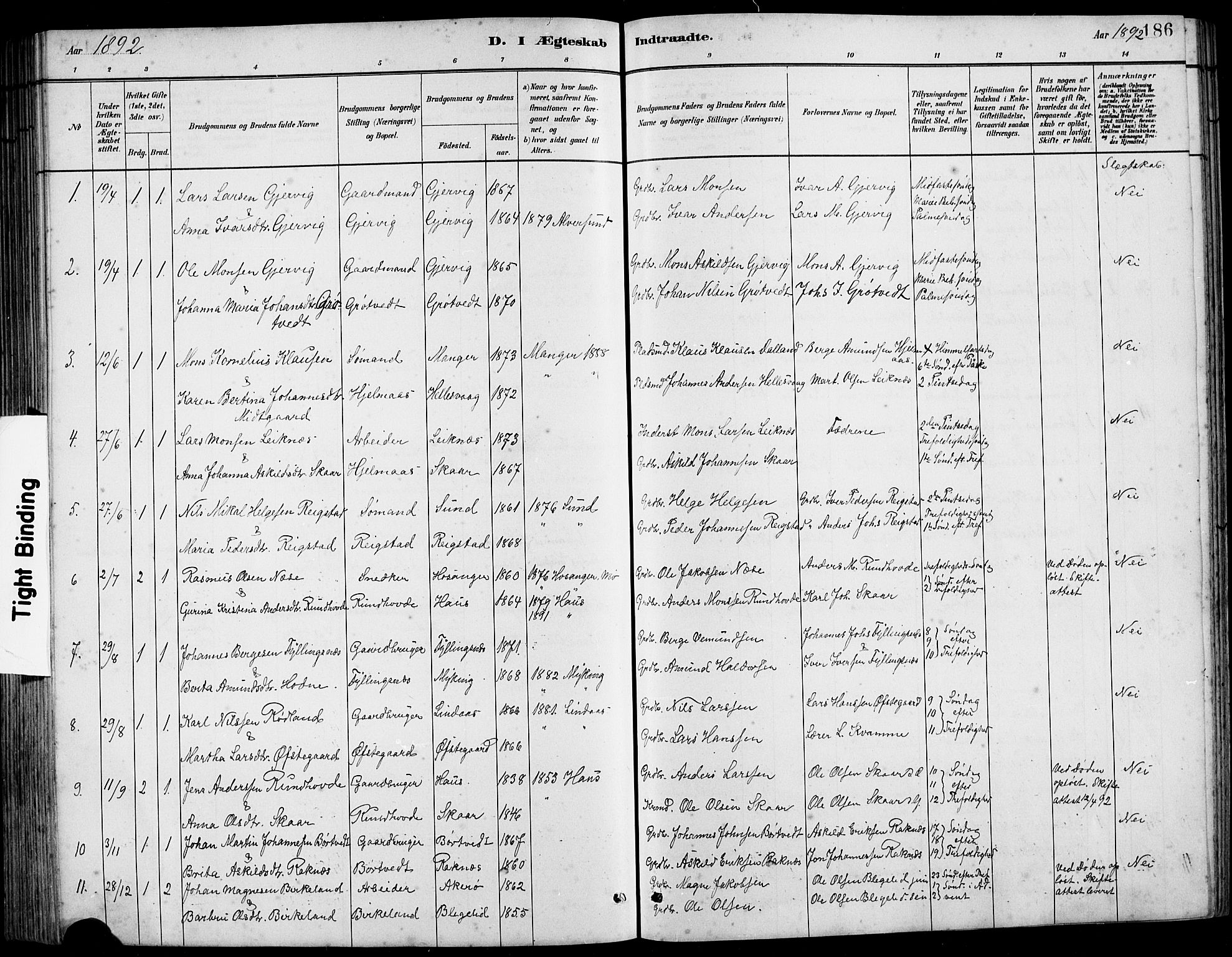 Hamre sokneprestembete, SAB/A-75501/H/Ha/Hab: Parish register (copy) no. B 3, 1881-1898, p. 186