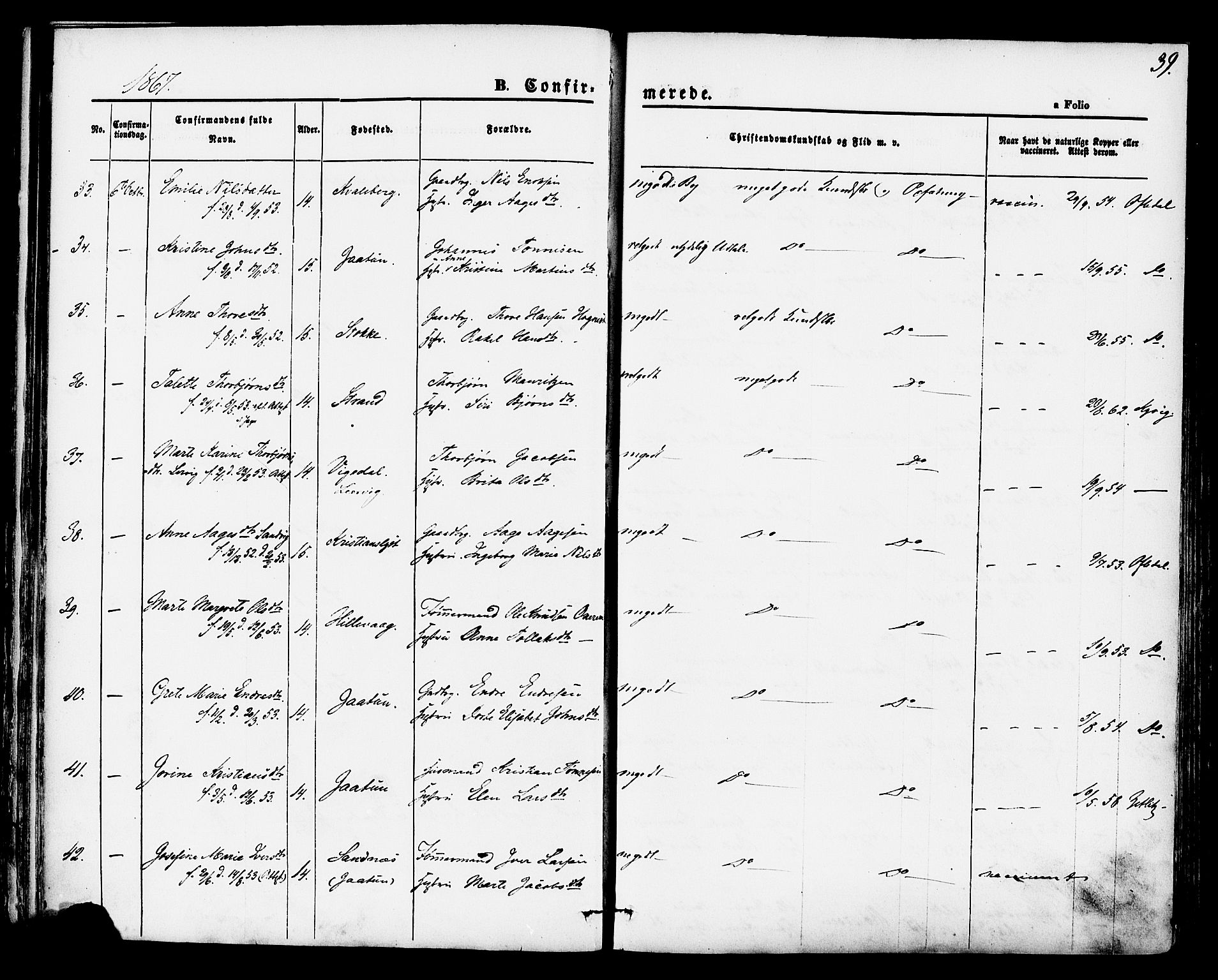 Hetland sokneprestkontor, AV/SAST-A-101826/30/30BA/L0004: Parish register (official) no. A 4, 1862-1881, p. 39