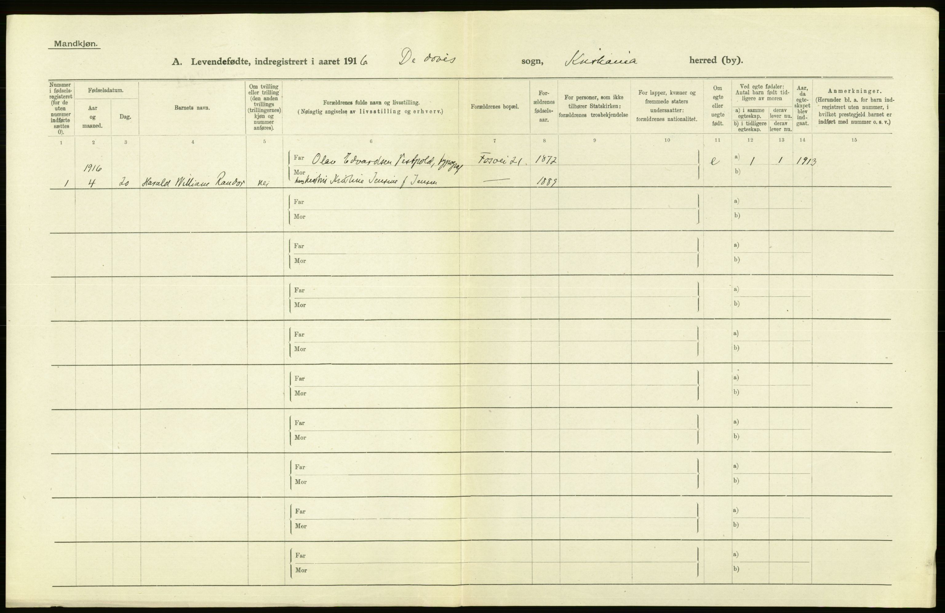 Statistisk sentralbyrå, Sosiodemografiske emner, Befolkning, AV/RA-S-2228/D/Df/Dfb/Dfbf/L0007: Kristiania: Levendefødte menn og kvinner., 1916, p. 522