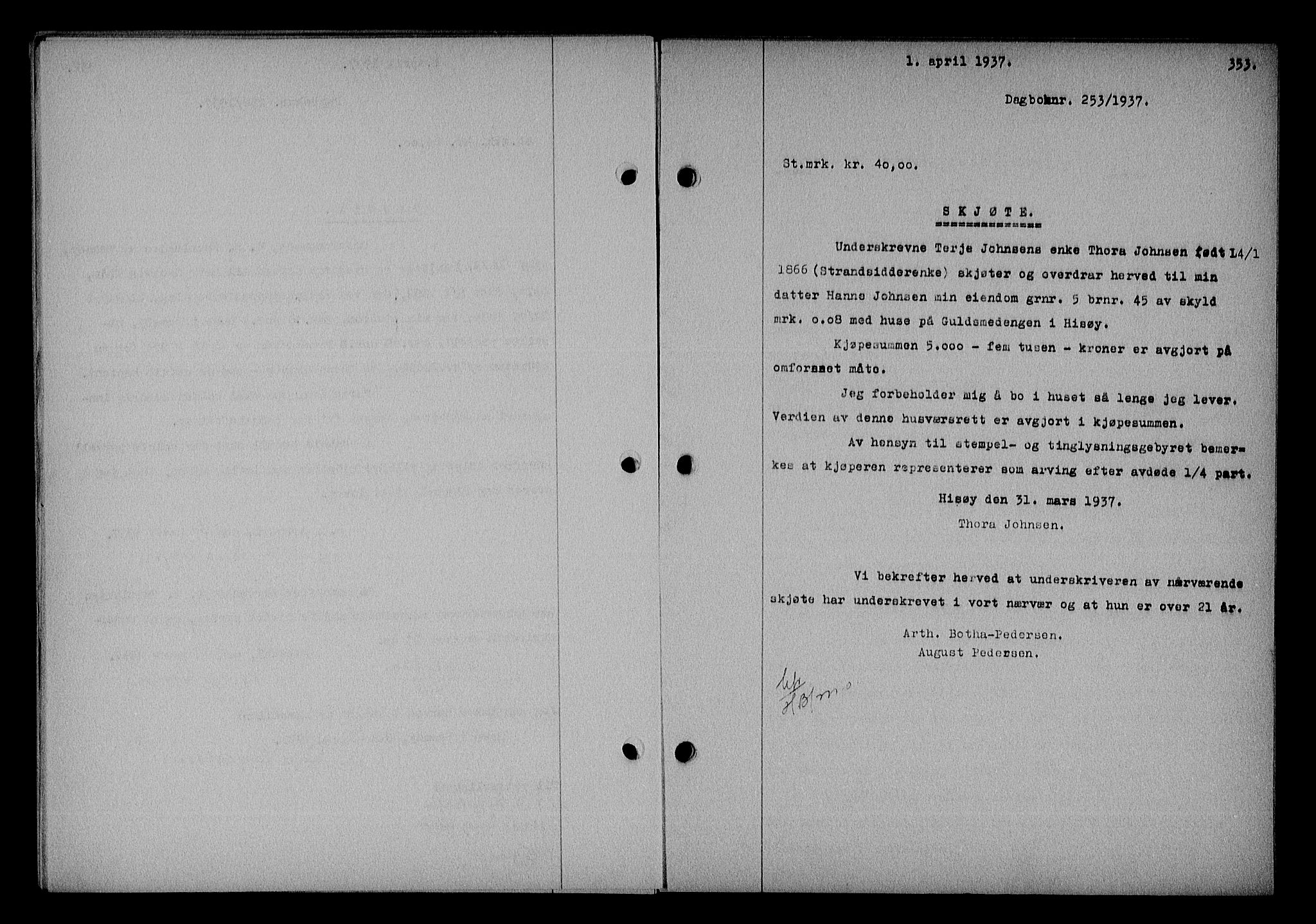 Nedenes sorenskriveri, SAK/1221-0006/G/Gb/Gba/L0043: Mortgage book no. 39, 1936-1937, Diary no: : 253/1937