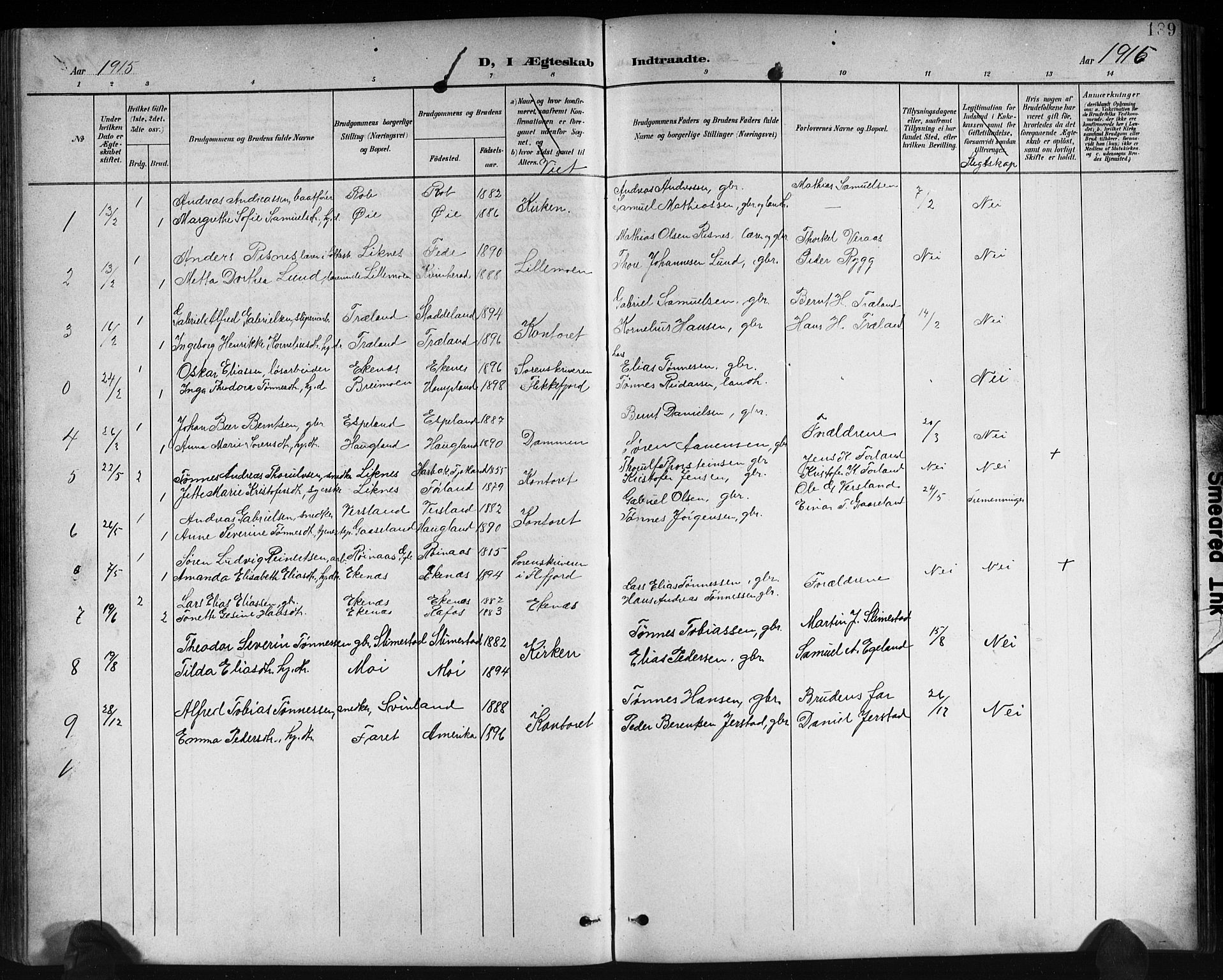 Kvinesdal sokneprestkontor, SAK/1111-0026/F/Fb/Fbb/L0003: Parish register (copy) no. B 3, 1898-1916, p. 189
