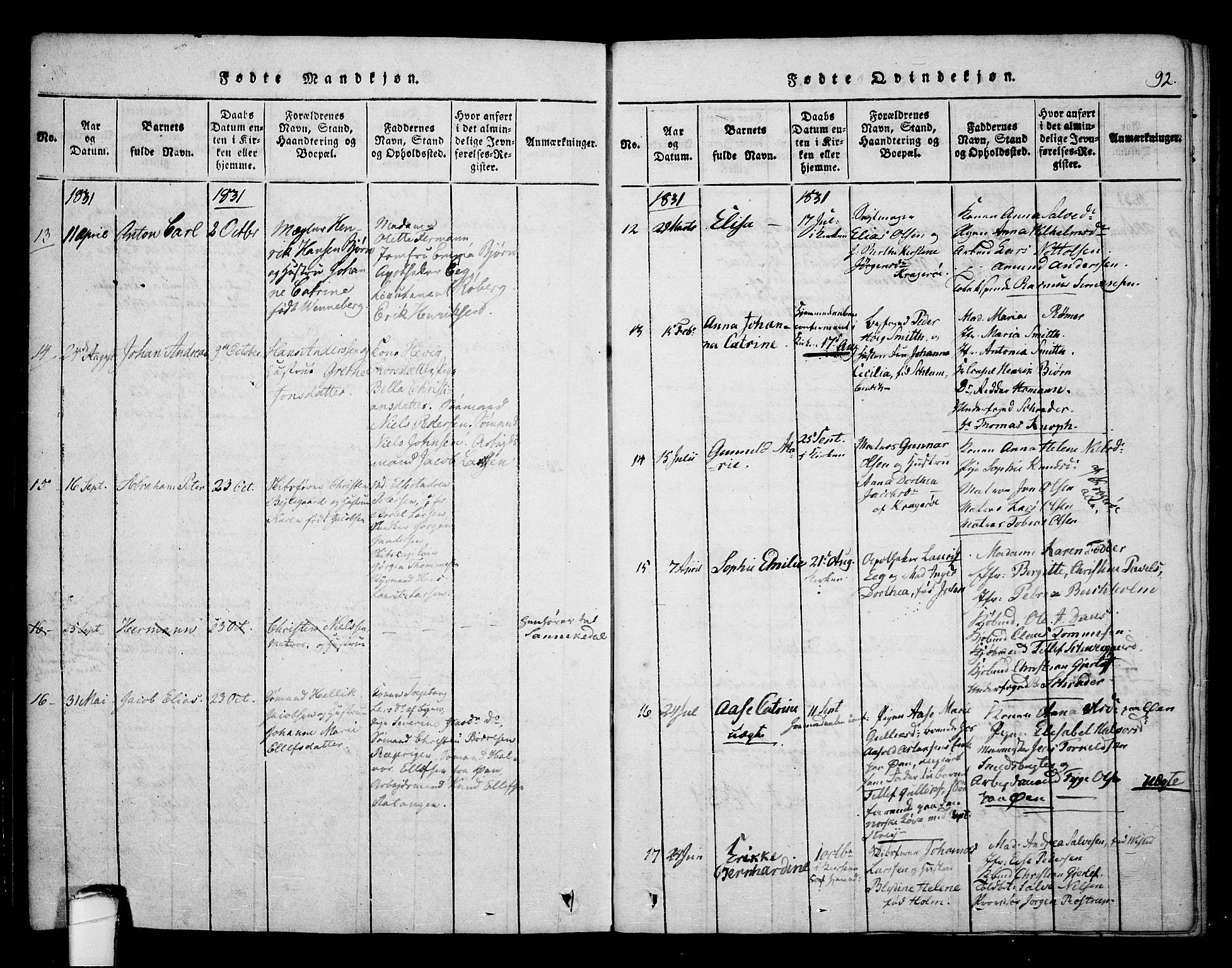 Kragerø kirkebøker, AV/SAKO-A-278/F/Fa/L0004: Parish register (official) no. 4, 1814-1831, p. 92