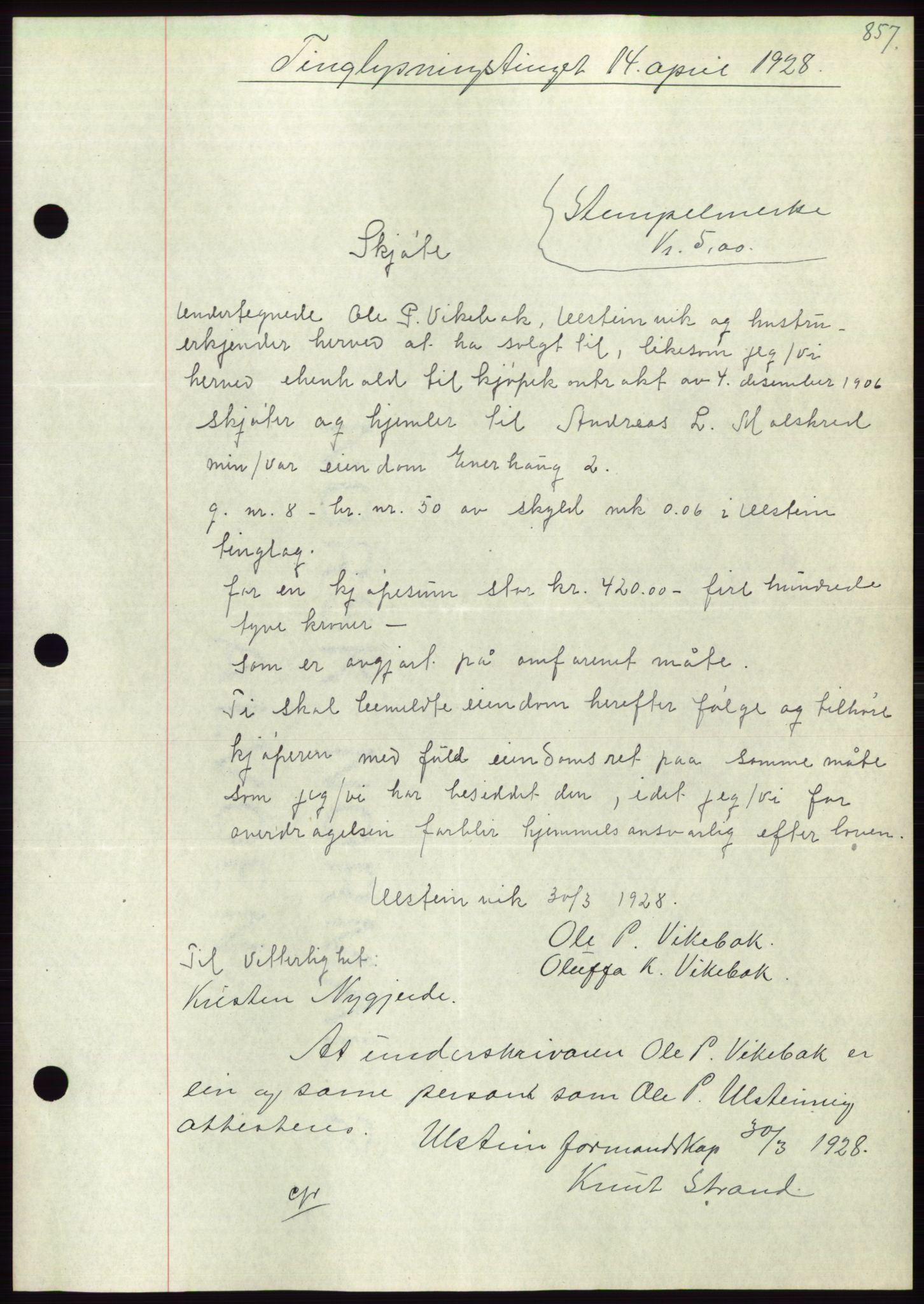 Søre Sunnmøre sorenskriveri, AV/SAT-A-4122/1/2/2C/L0047: Mortgage book no. 41, 1927-1928, Deed date: 14.04.1928